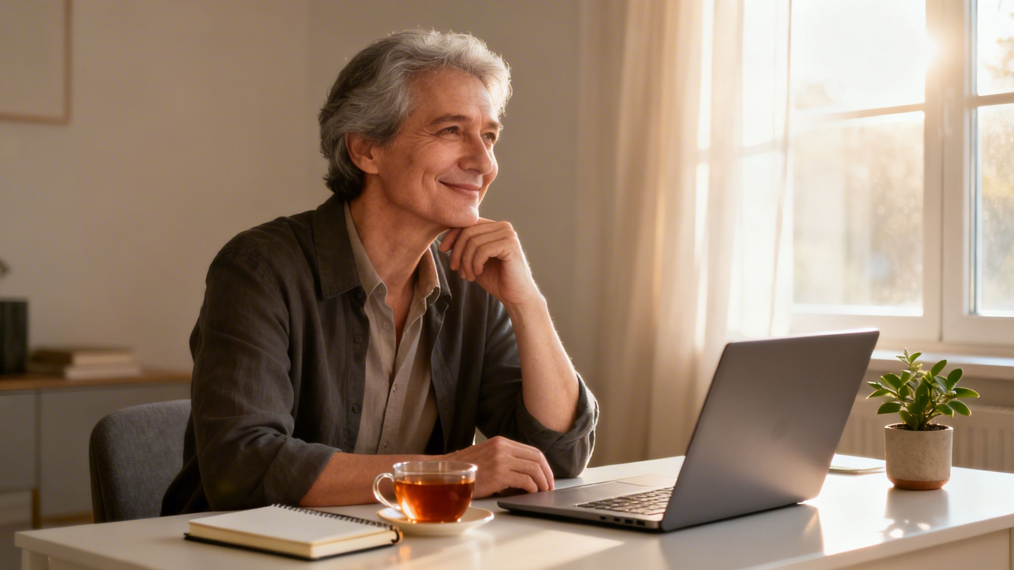 Happy mature man at home office with laptop, tea, and notebook by sunny window.