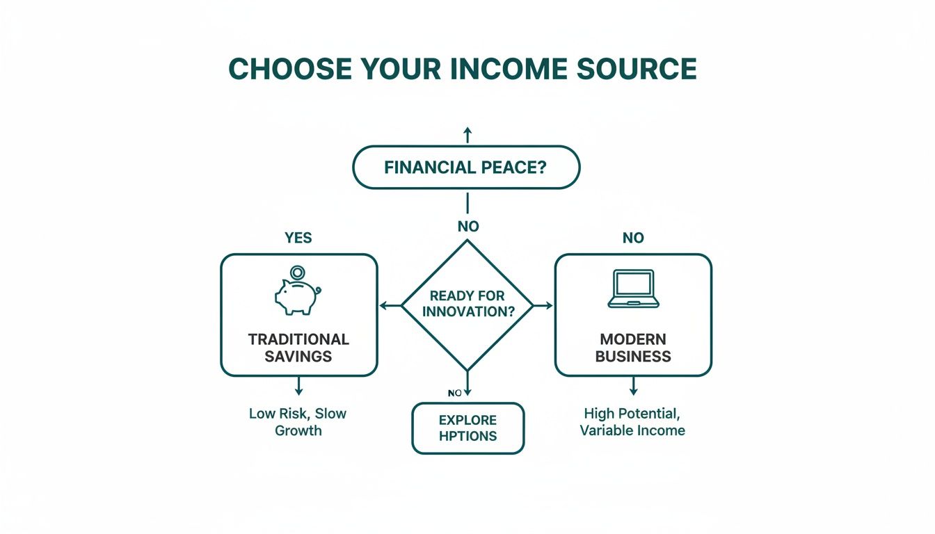 Flowchart showing income source options: traditional savings for peace or modern business for innovation.