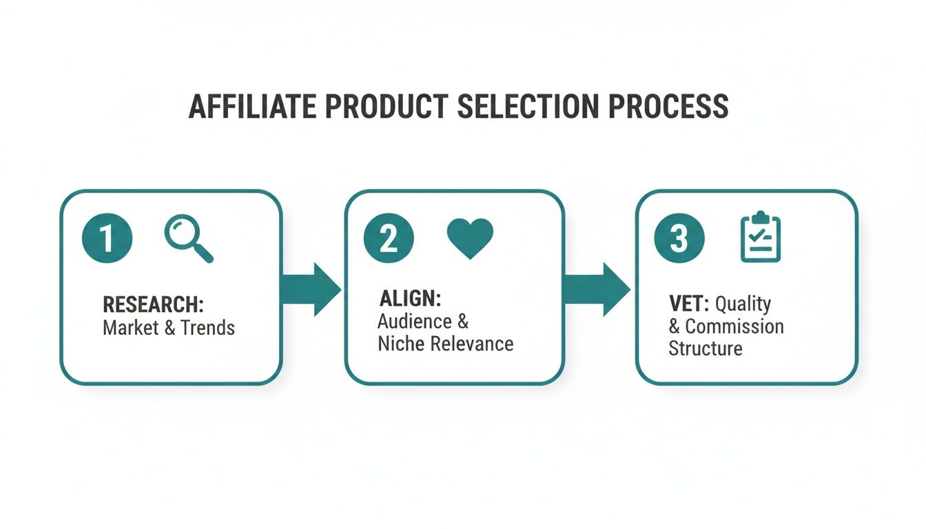Diagram illustrating the 3-step affiliate product selection process: Research, Align, Vet.