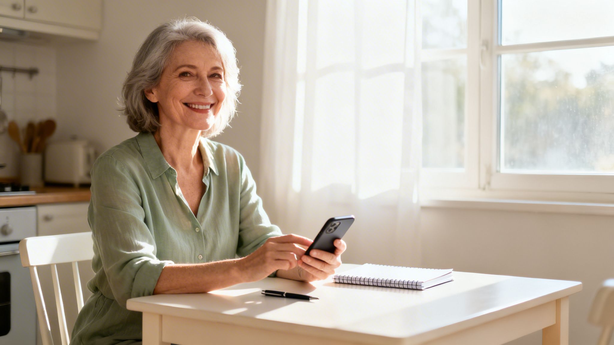 Smiling senior woman using a smartphone at a table in a bright home setting.