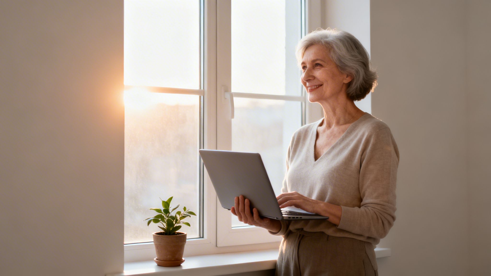 Smiling senior woman with grey hair holding a laptop by a bright window with a potted plant.