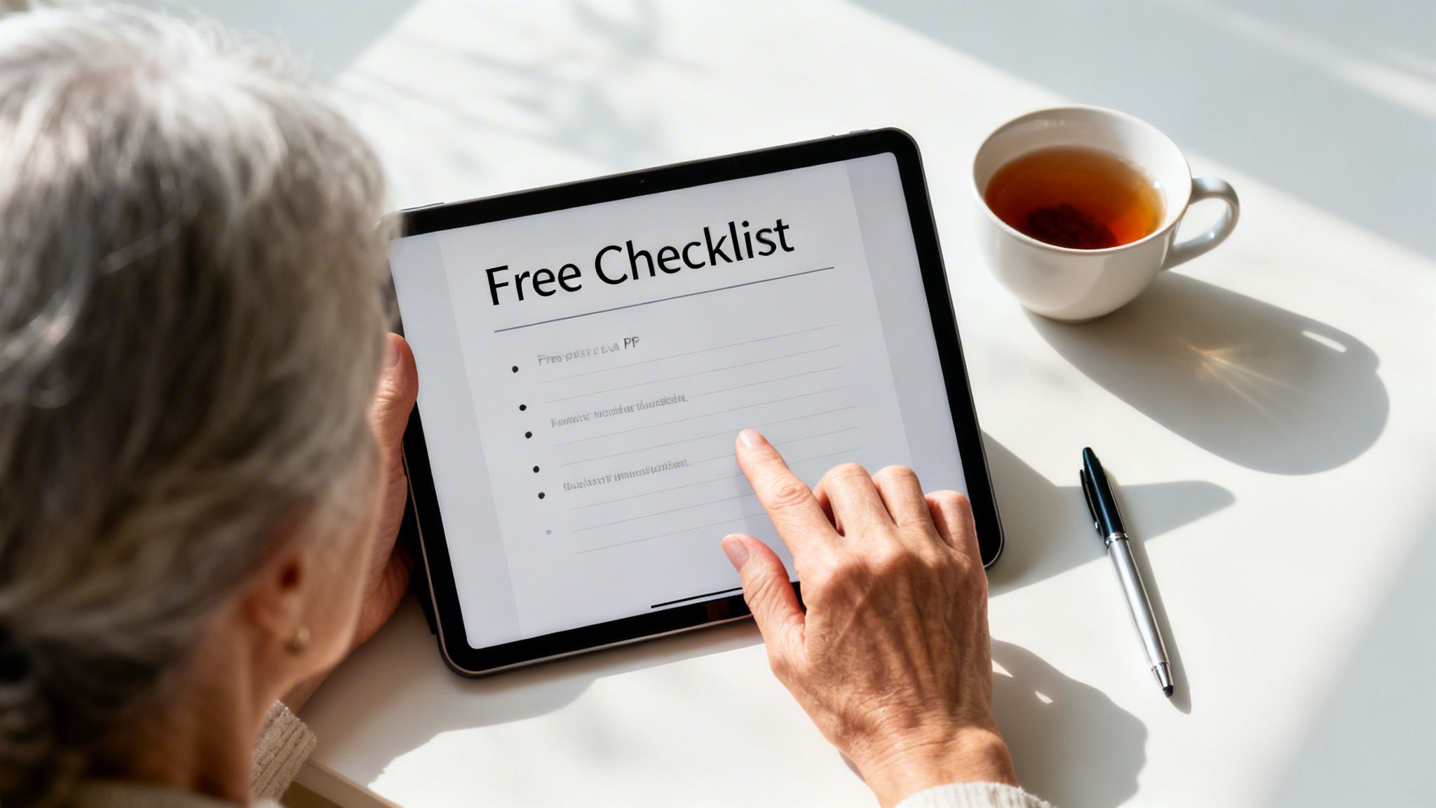 An older person's hands interact with a 'Free Checklist' on a tablet screen, beside a cup of tea and a pen.
