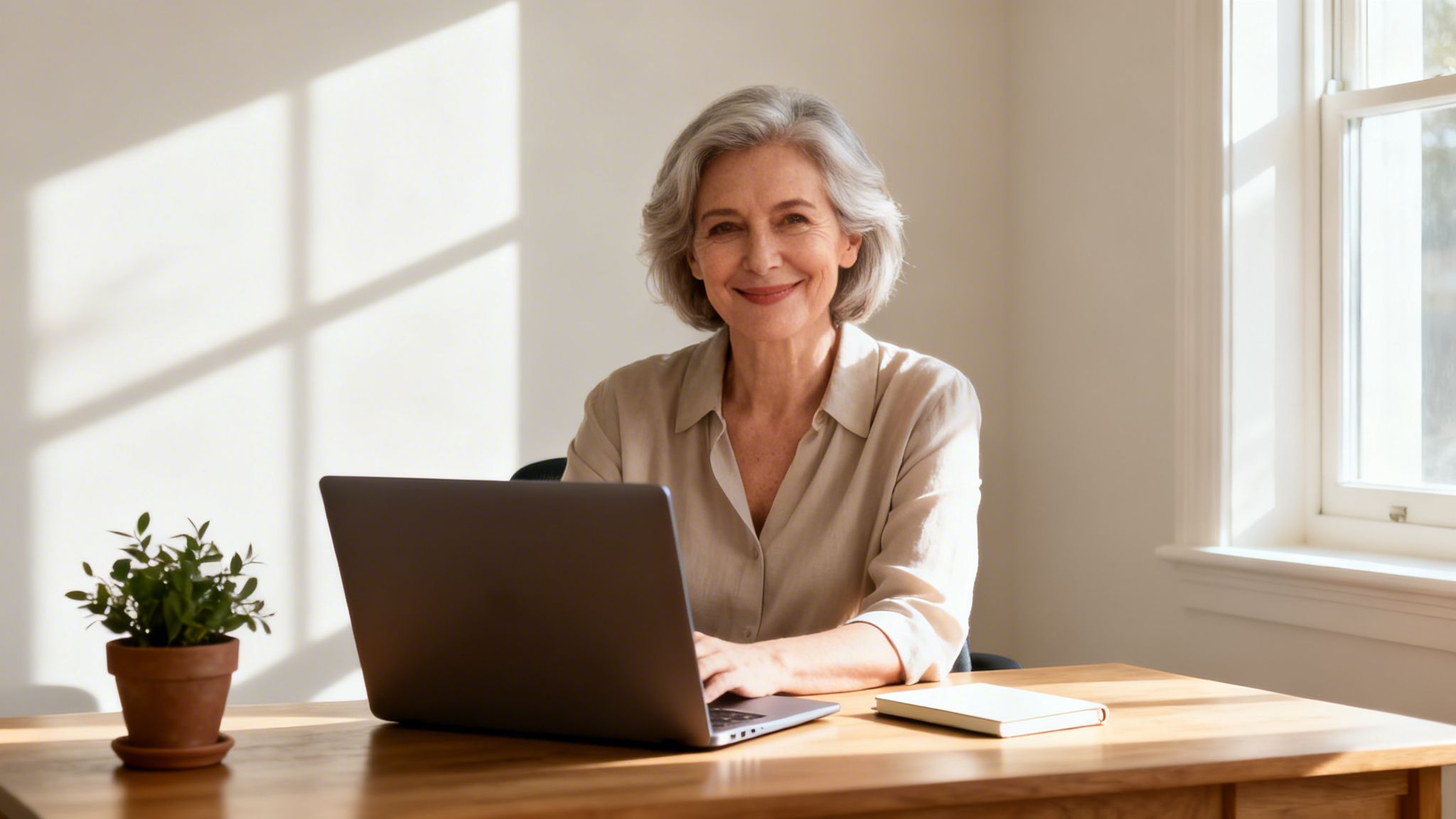 A smiling senior woman with grey hair works on a laptop at a bright wooden desk.
