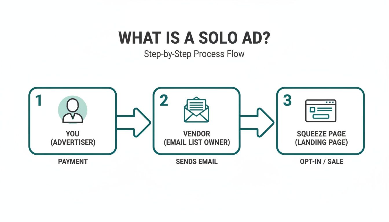 A diagram illustrates the step-by-step process of a solo ad, from advertiser payment to email and landing page.