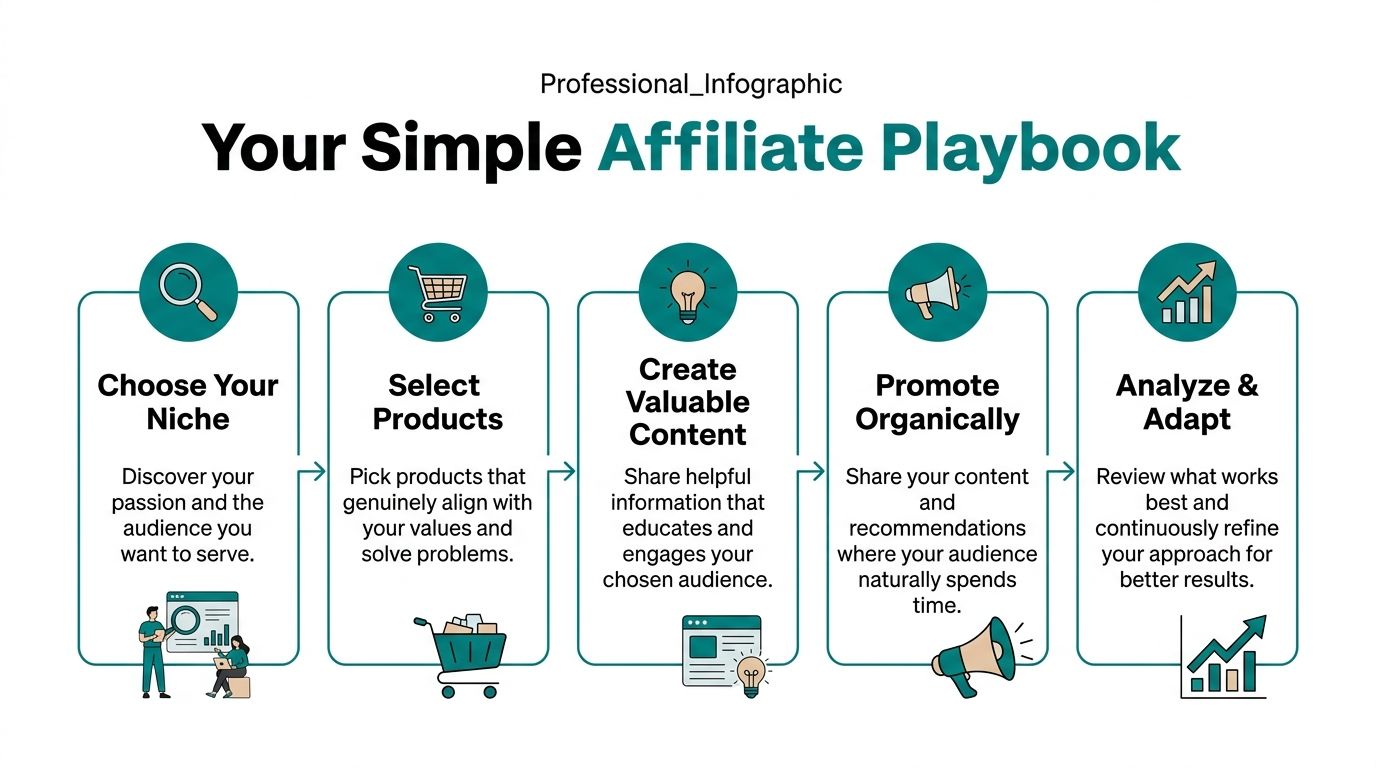 A professional infographic titled Your Simple Affiliate Playbook outlining five steps to start <a rel=