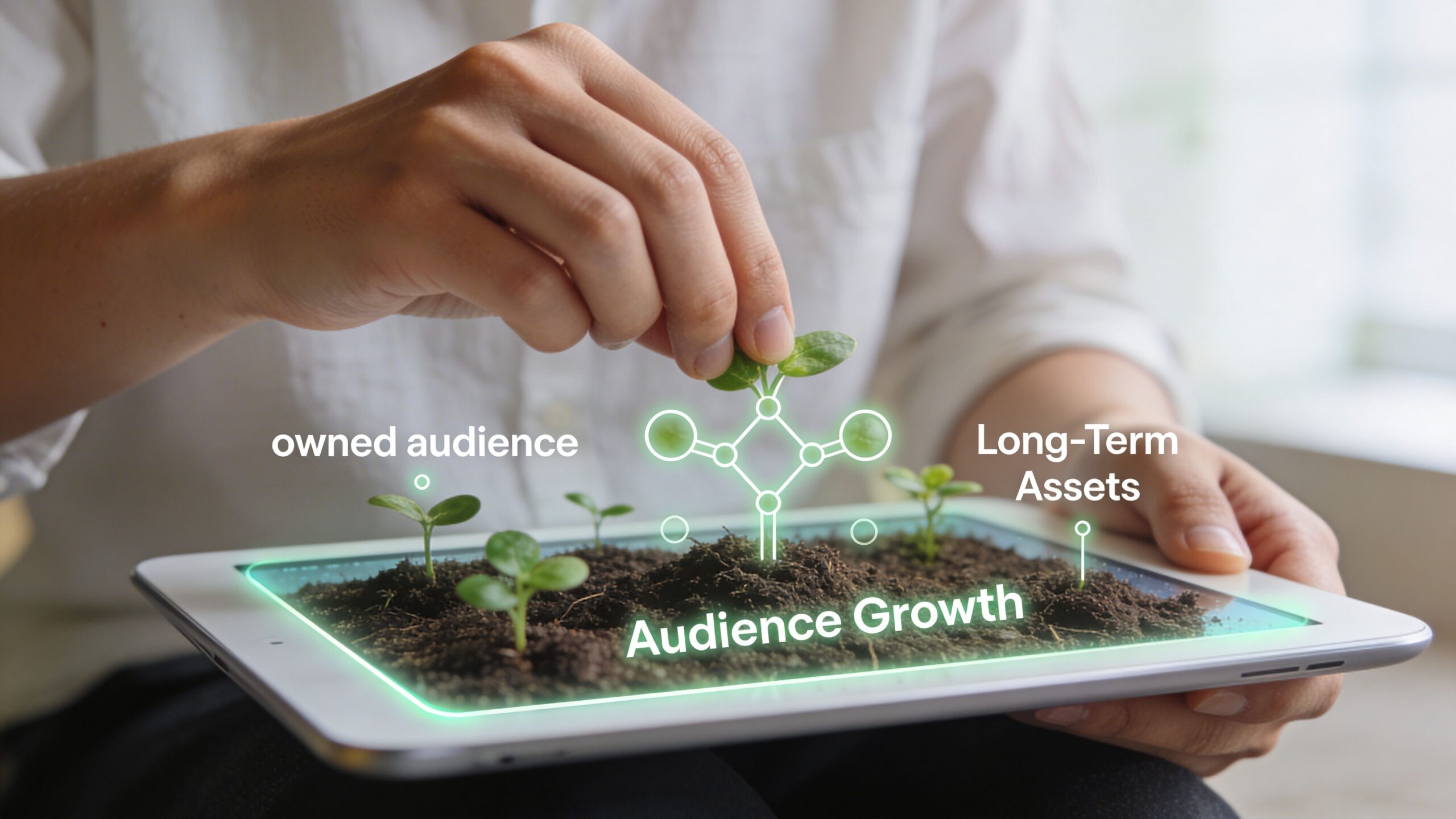 A person holding a tablet featuring seedlings in soil with digital icons representing audience growth.