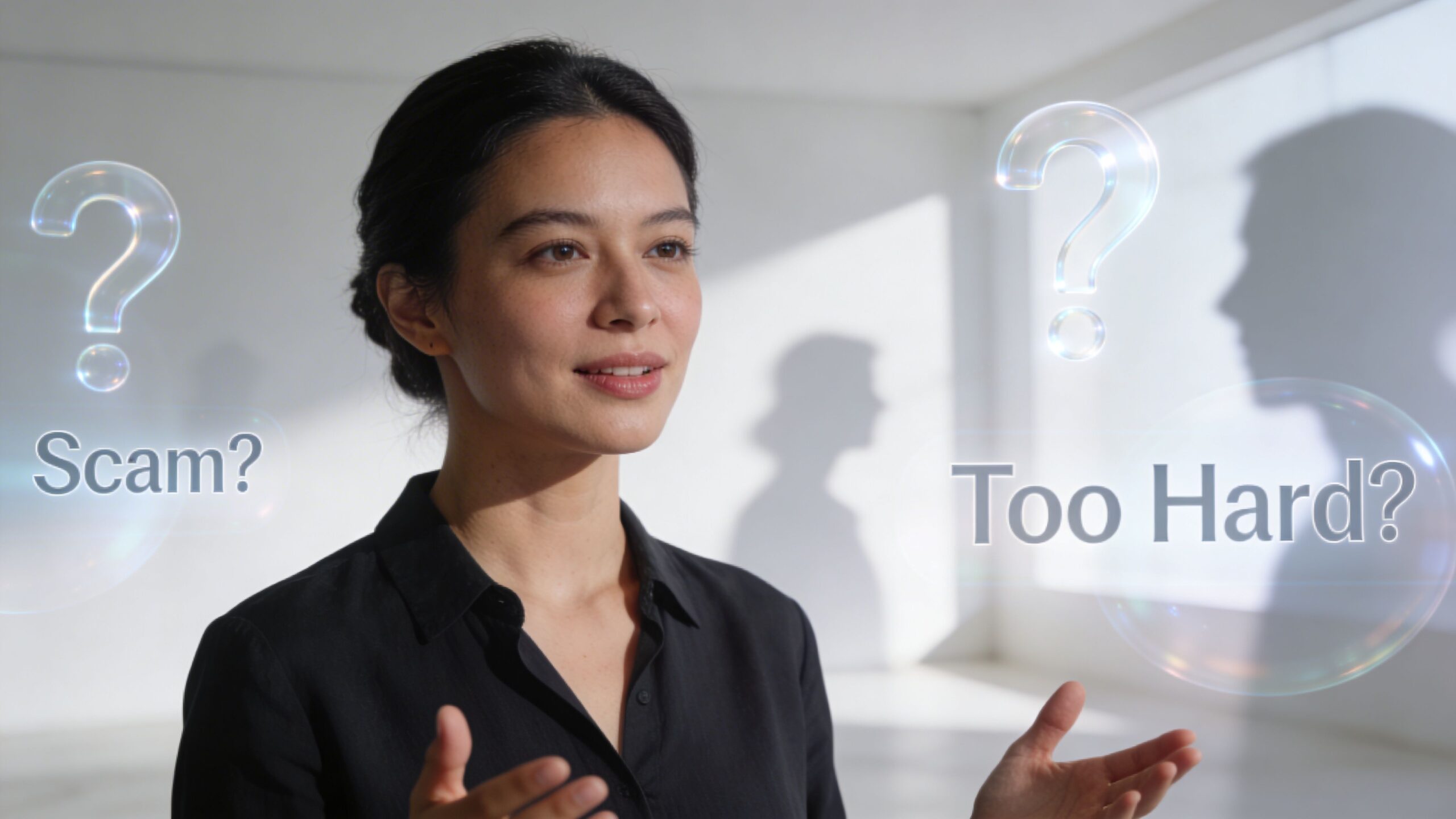 A professional woman in a black shirt gestures while contemplating common <a rel=