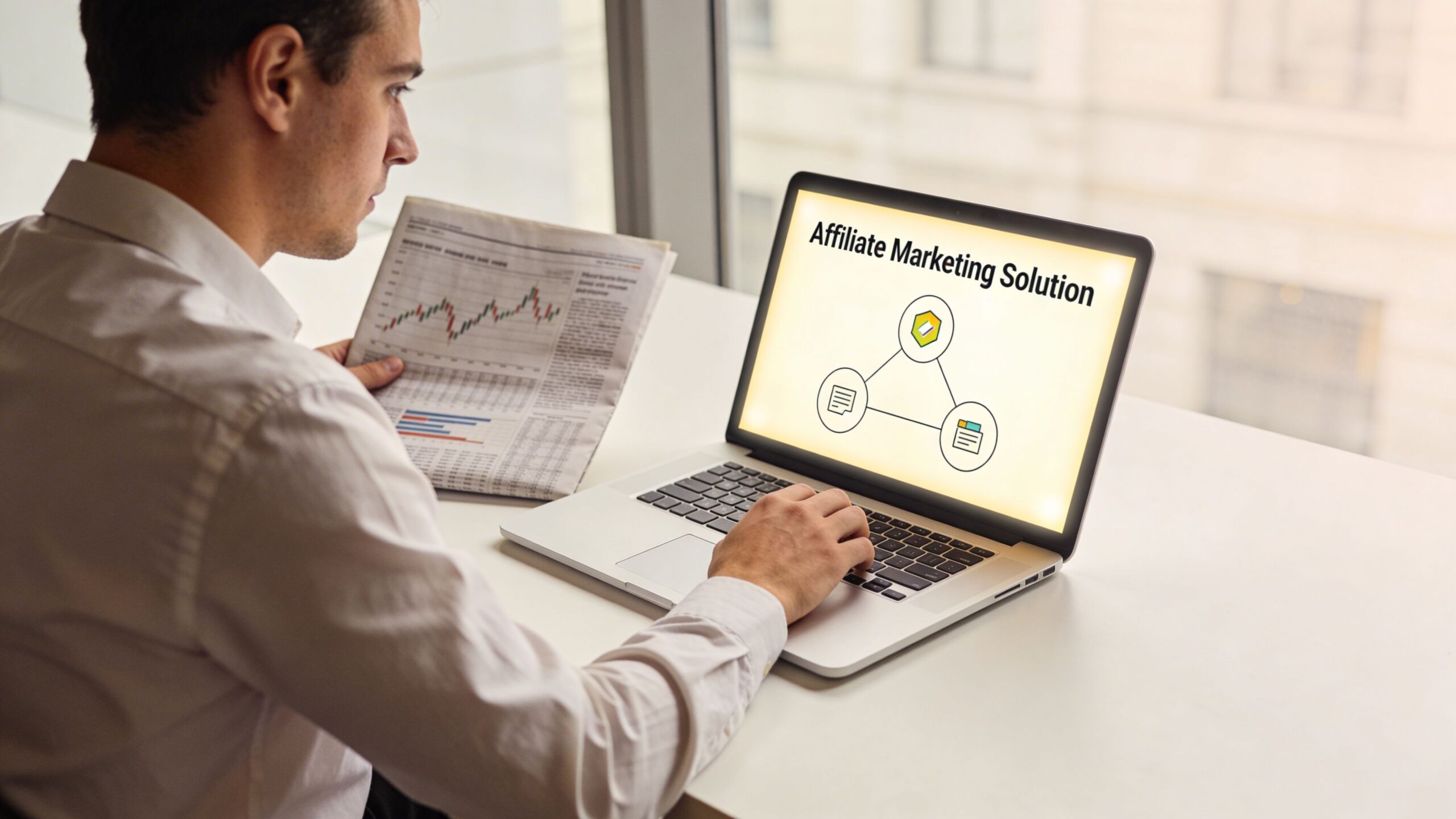 A professional man sits at a desk working on an <a rel=