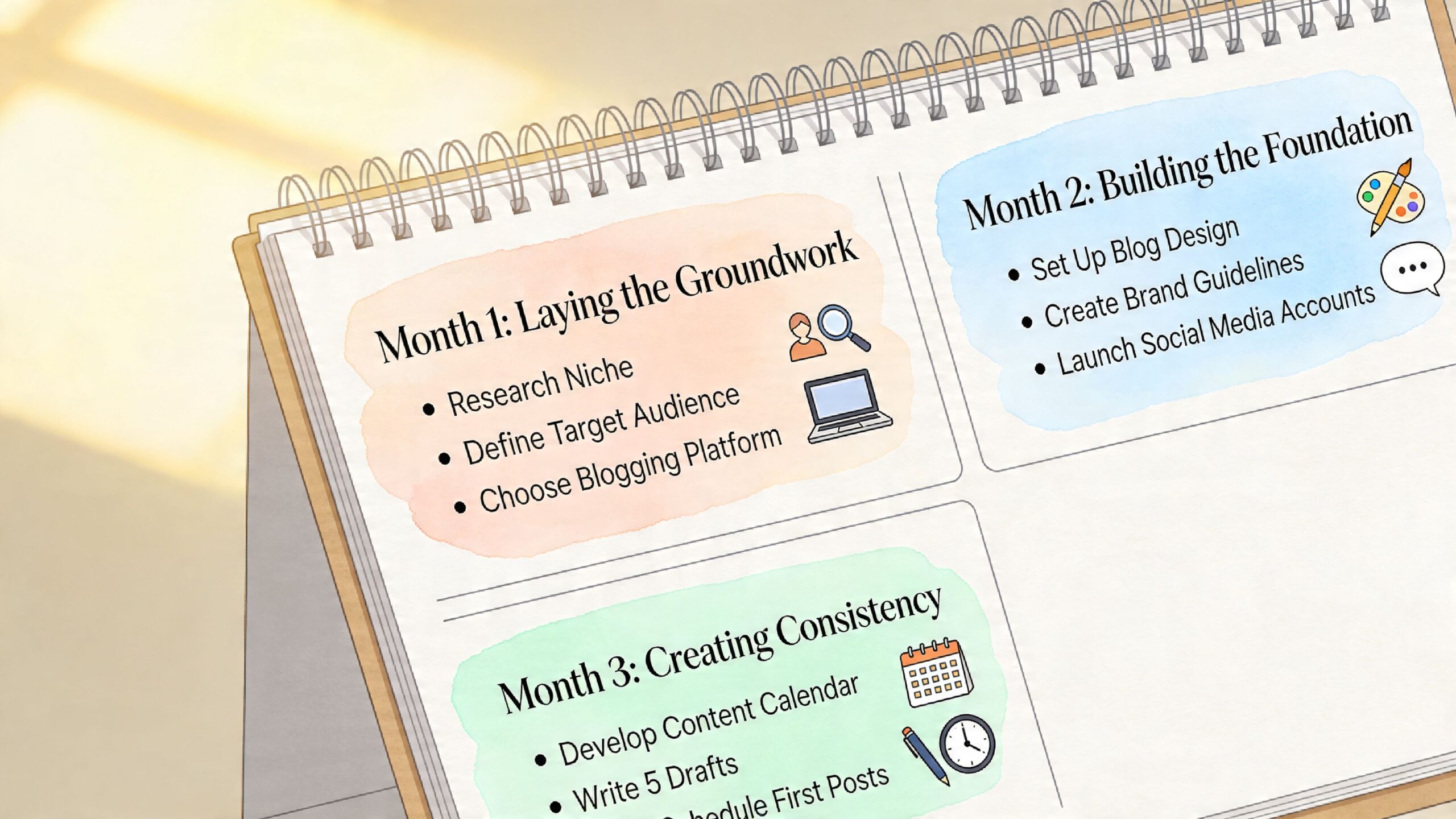 A spiral notebook displaying a three-month plan for launching a successful blogging and content marketing strategy.