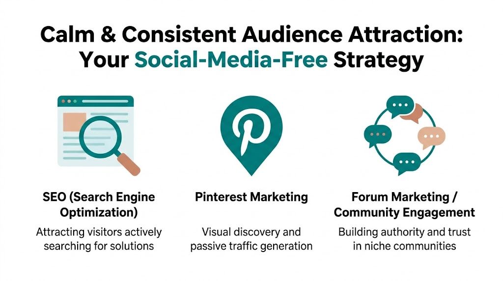 An infographic showing three social media-free marketing strategies: SEO, Pinterest, and community engagement for audience growth.