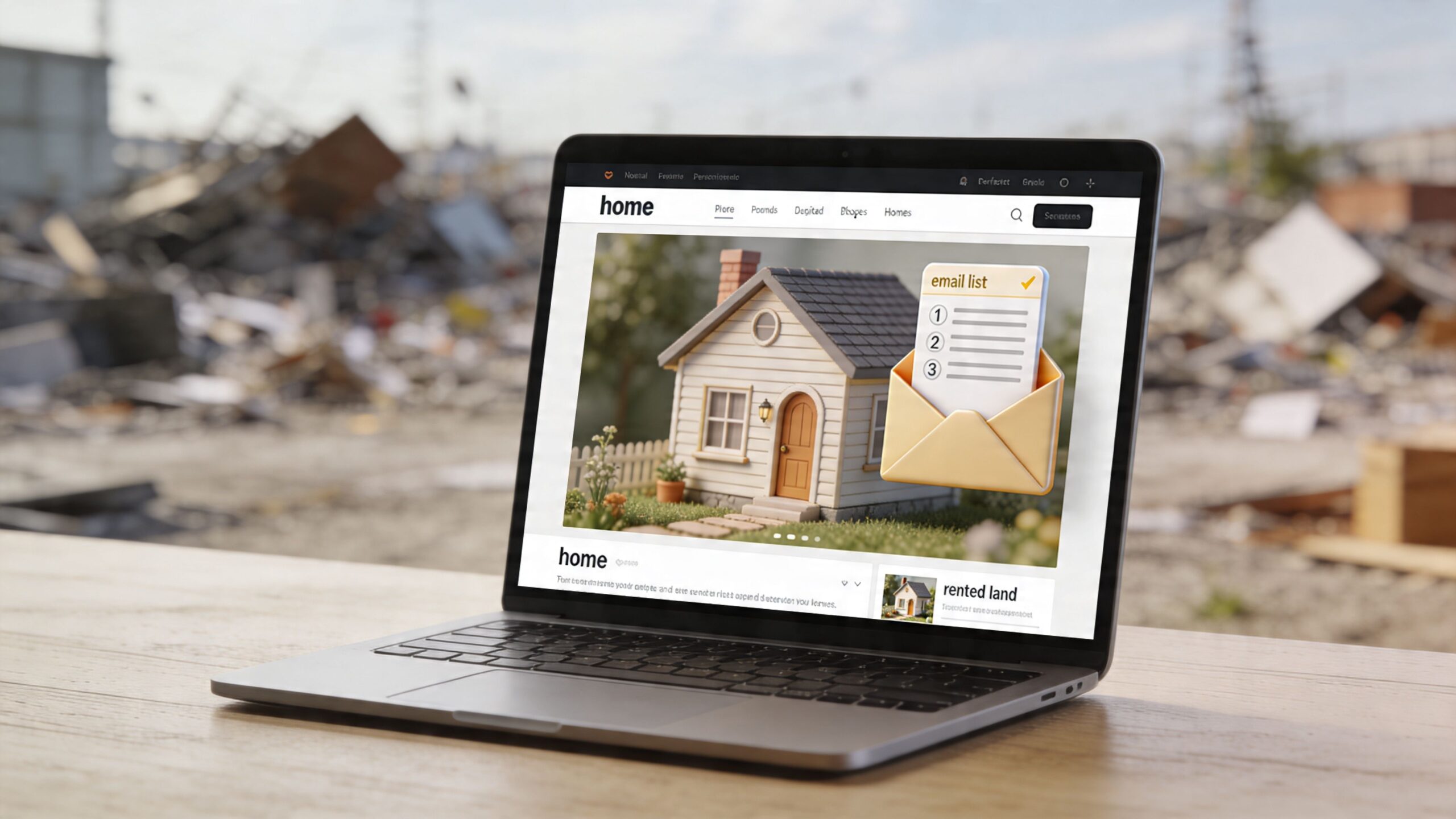 A laptop on a wooden table displaying a home real estate website with an <a rel=