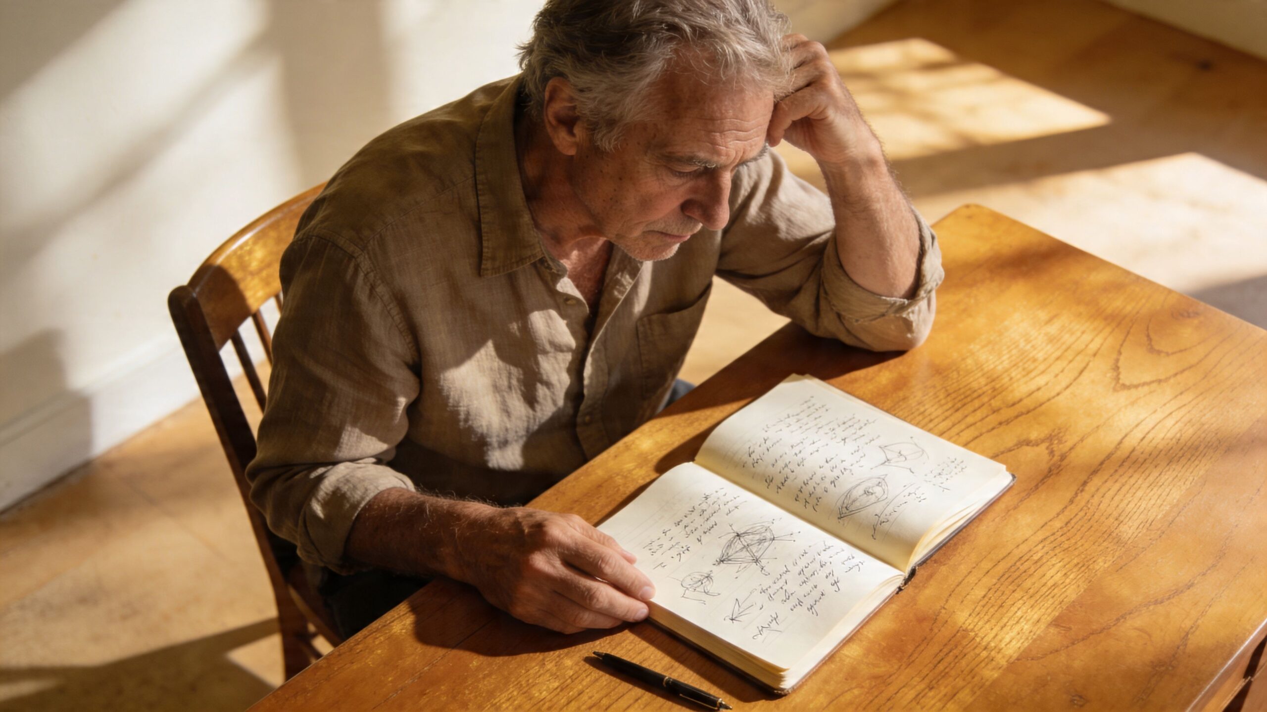 An elderly man thoughtfully reading and studying a journal containing handwritten mathematical sketches at a wooden table.
