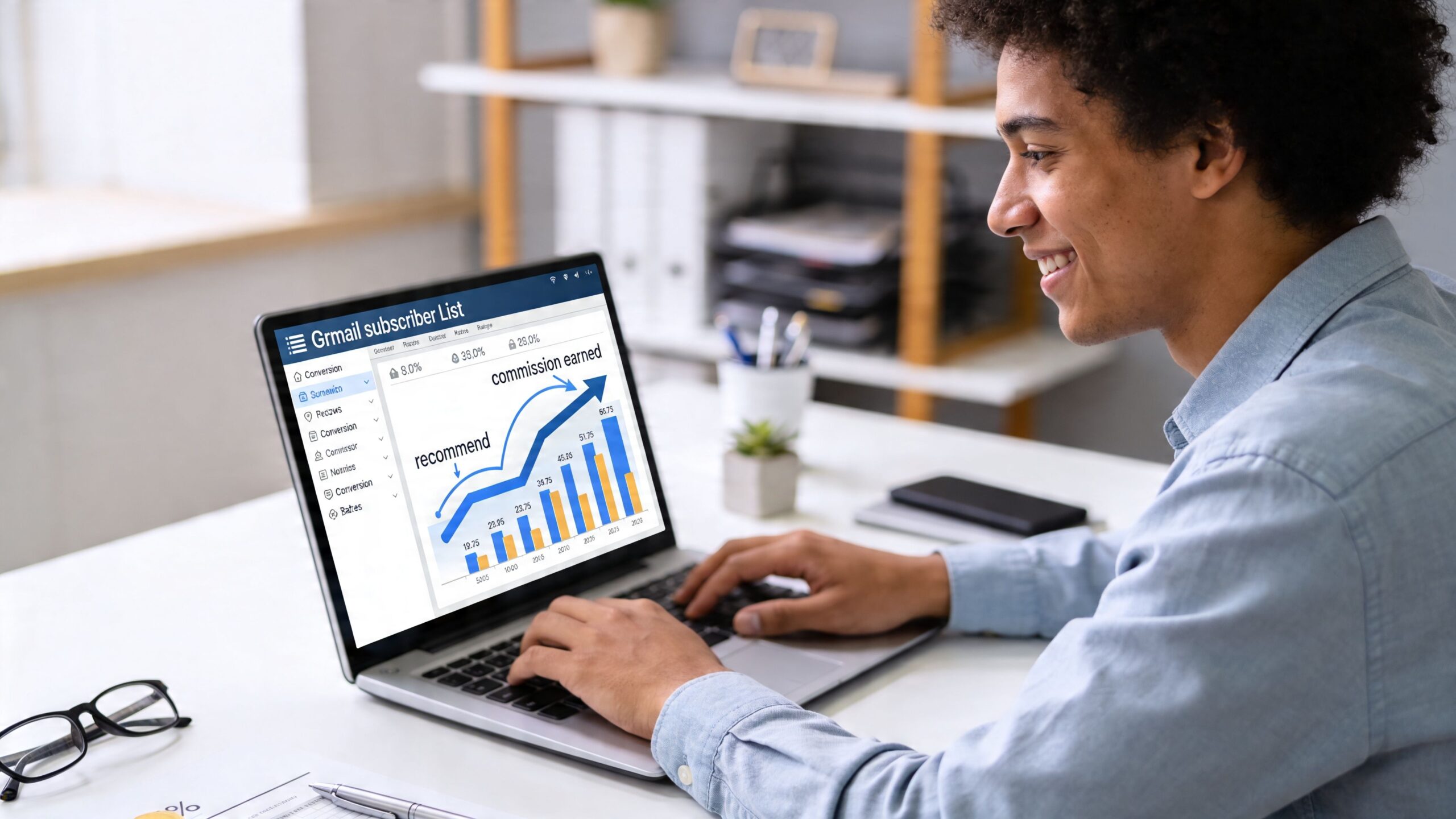 A happy young man working on a laptop displaying <a rel=