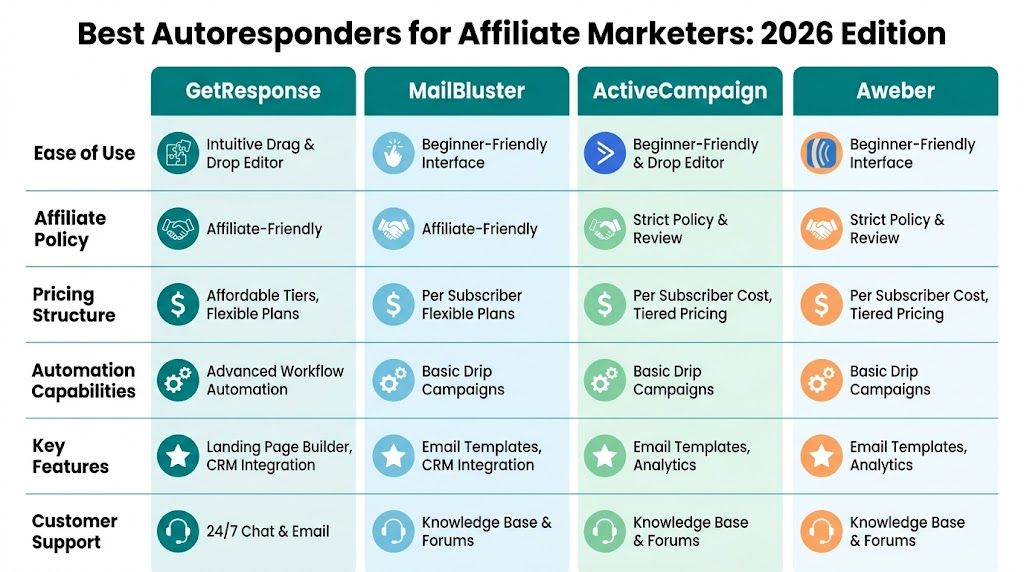A comparison chart of the best autoresponder tools for affiliate marketers in 2026, including key platform features.