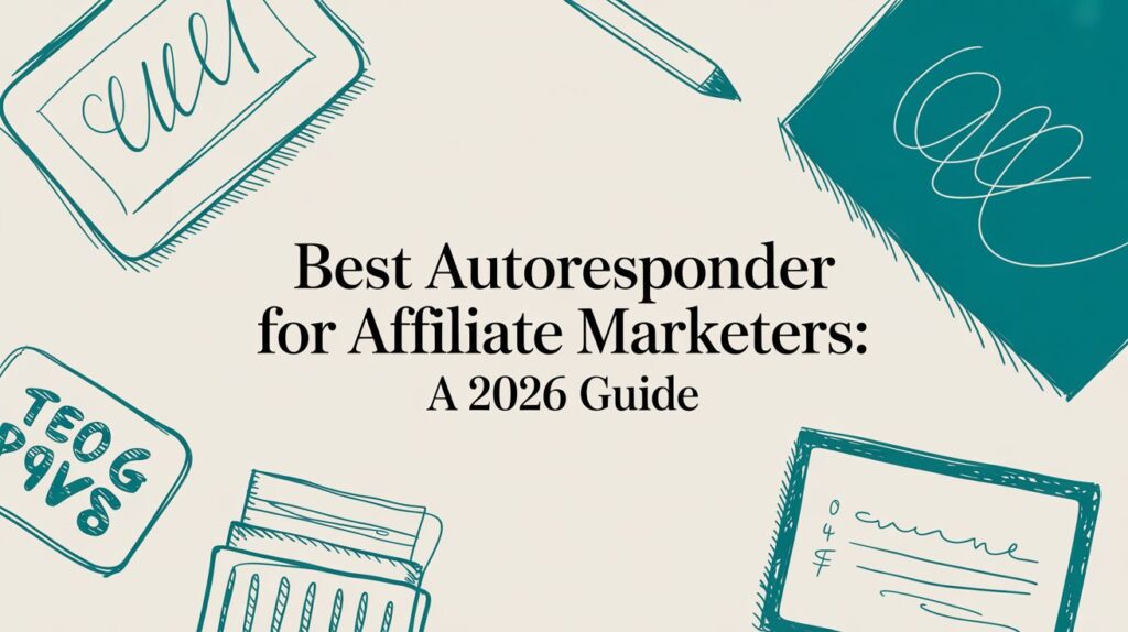 Guide cover: 'Best Autoresponder for Affiliate Marketers: A 2026 Guide' with teal doodles around the edges.