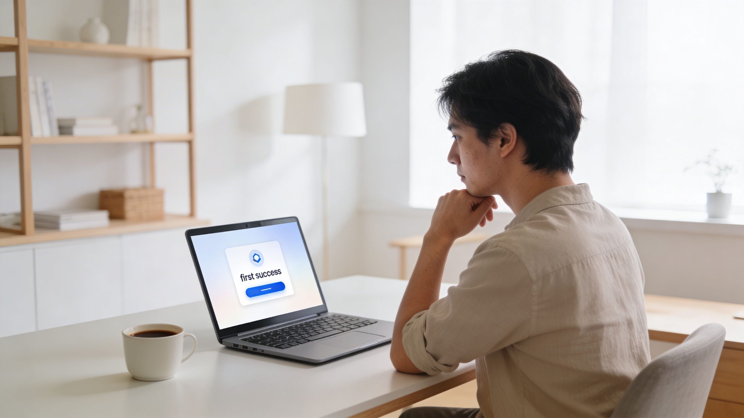 A young man sits at a white desk, thoughtfully looking at a laptop screen displaying a success notification.