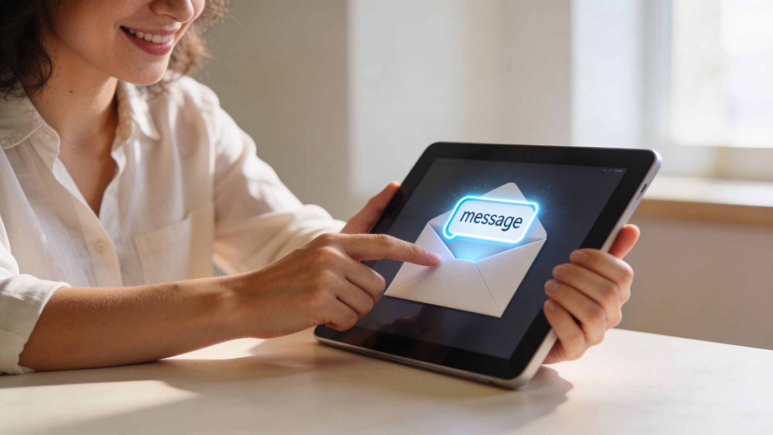 A smiling woman holding a digital tablet displaying a glowing blue message envelope icon on the screen.