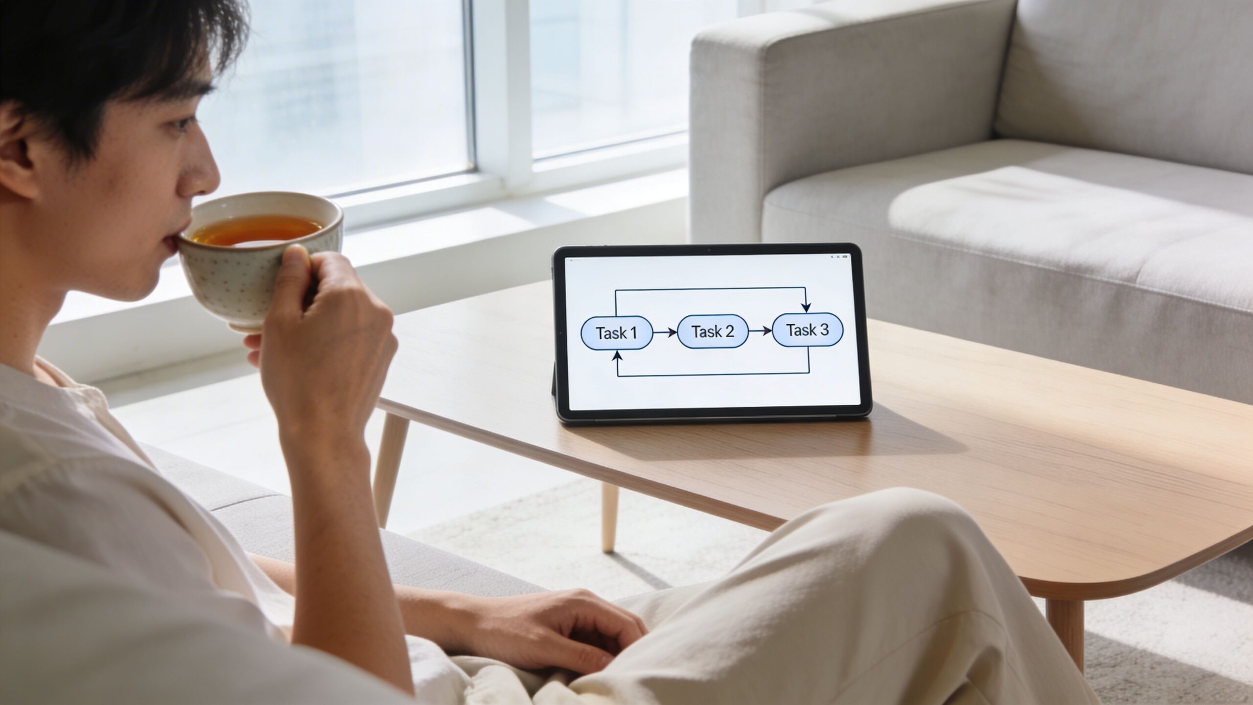 A man drinking tea while looking at a tablet displaying a flow chart of three sequential tasks.
