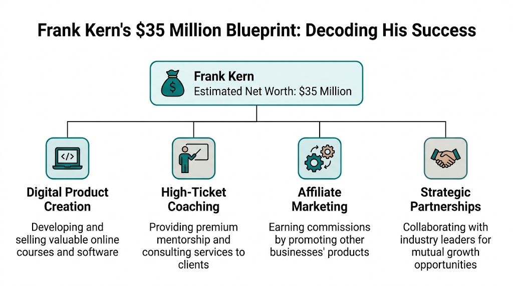 An infographic diagram outlining the four key income sources contributing to Frank Kern's thirty-five million dollar net worth.