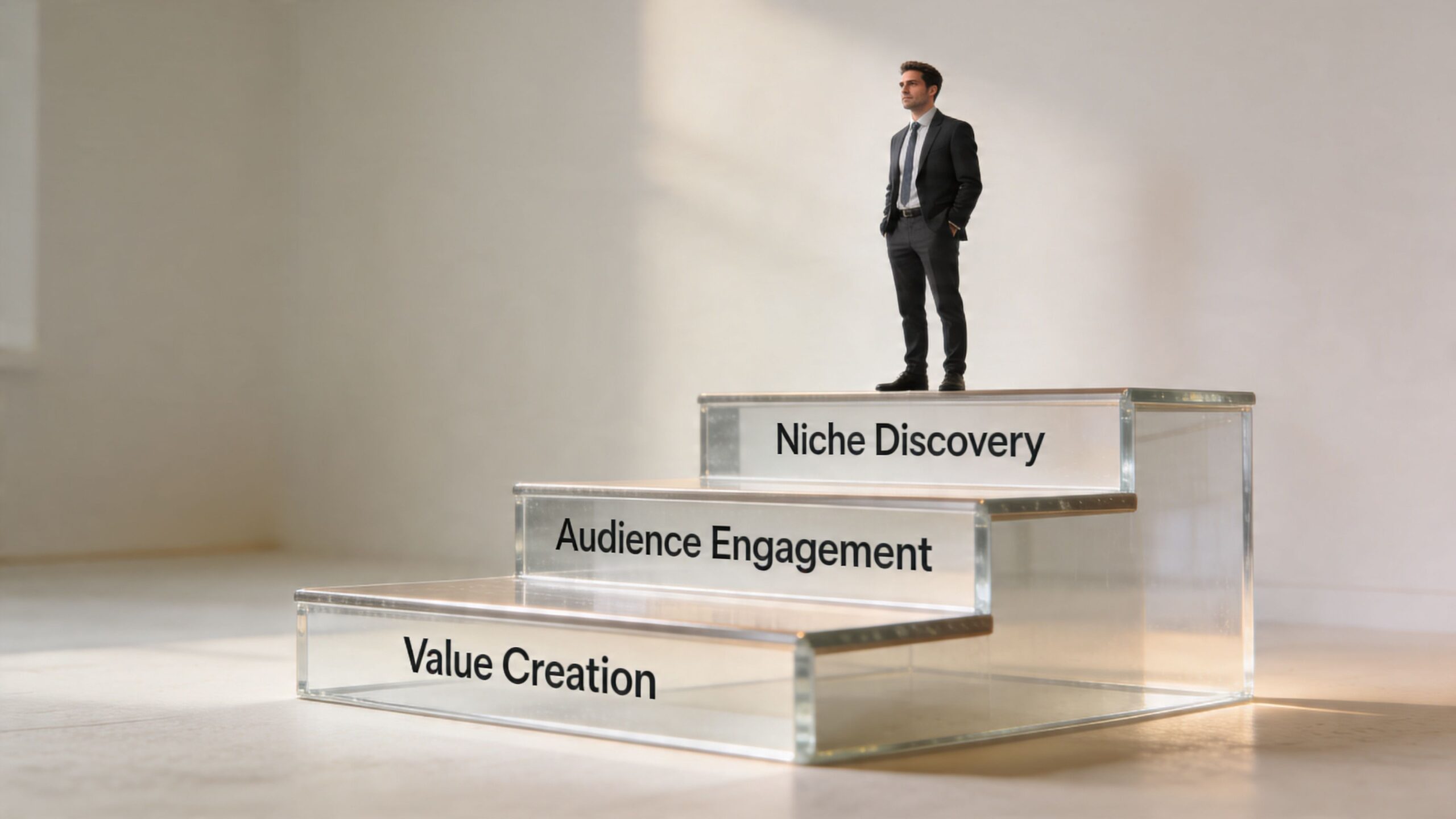A businessman standing on top of glass stairs labeled Value Creation, Audience Engagement, and Niche Discovery.
