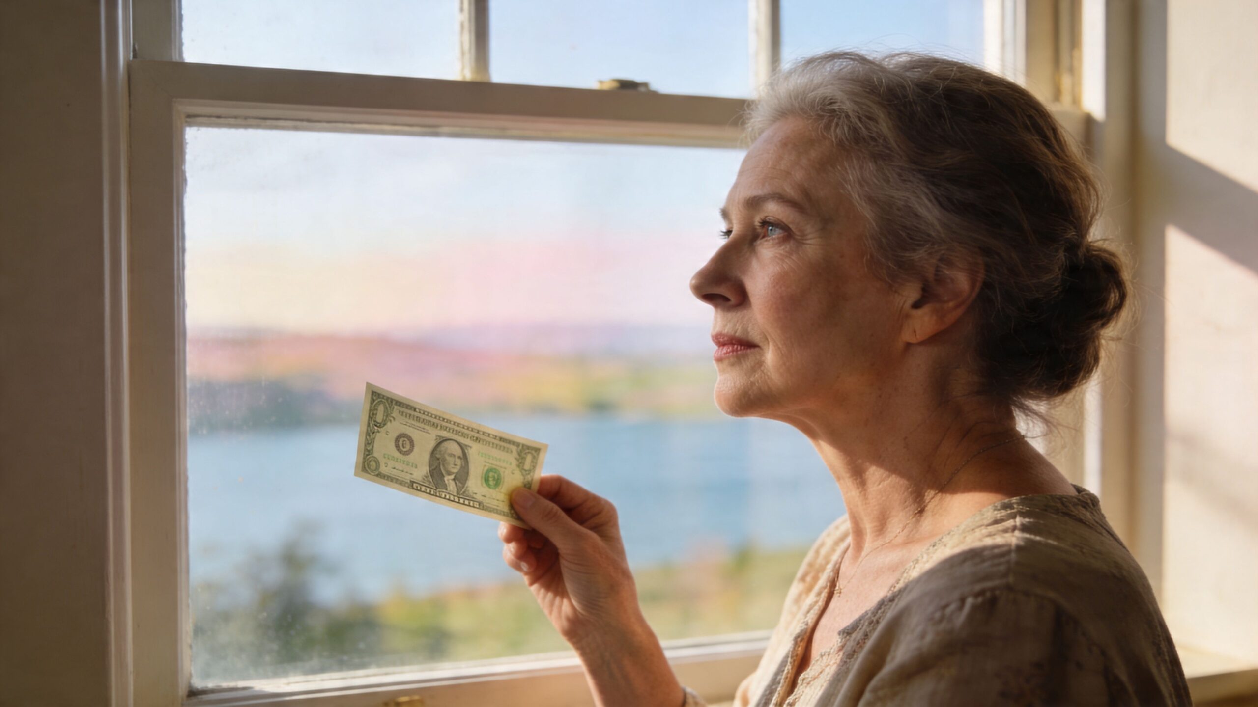 An elderly woman stands by a sunny window holding a single one dollar bill in her hand.