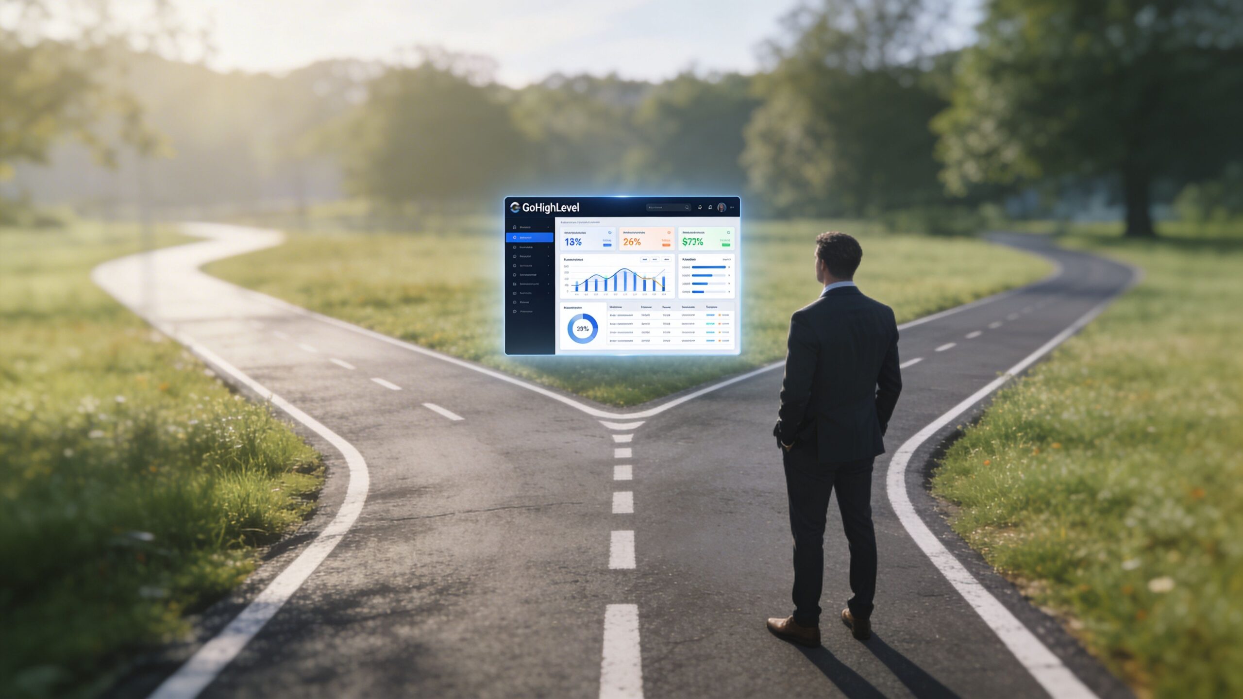 A businessman in a suit stands at a fork in the road facing a floating GoHighLevel dashboard.