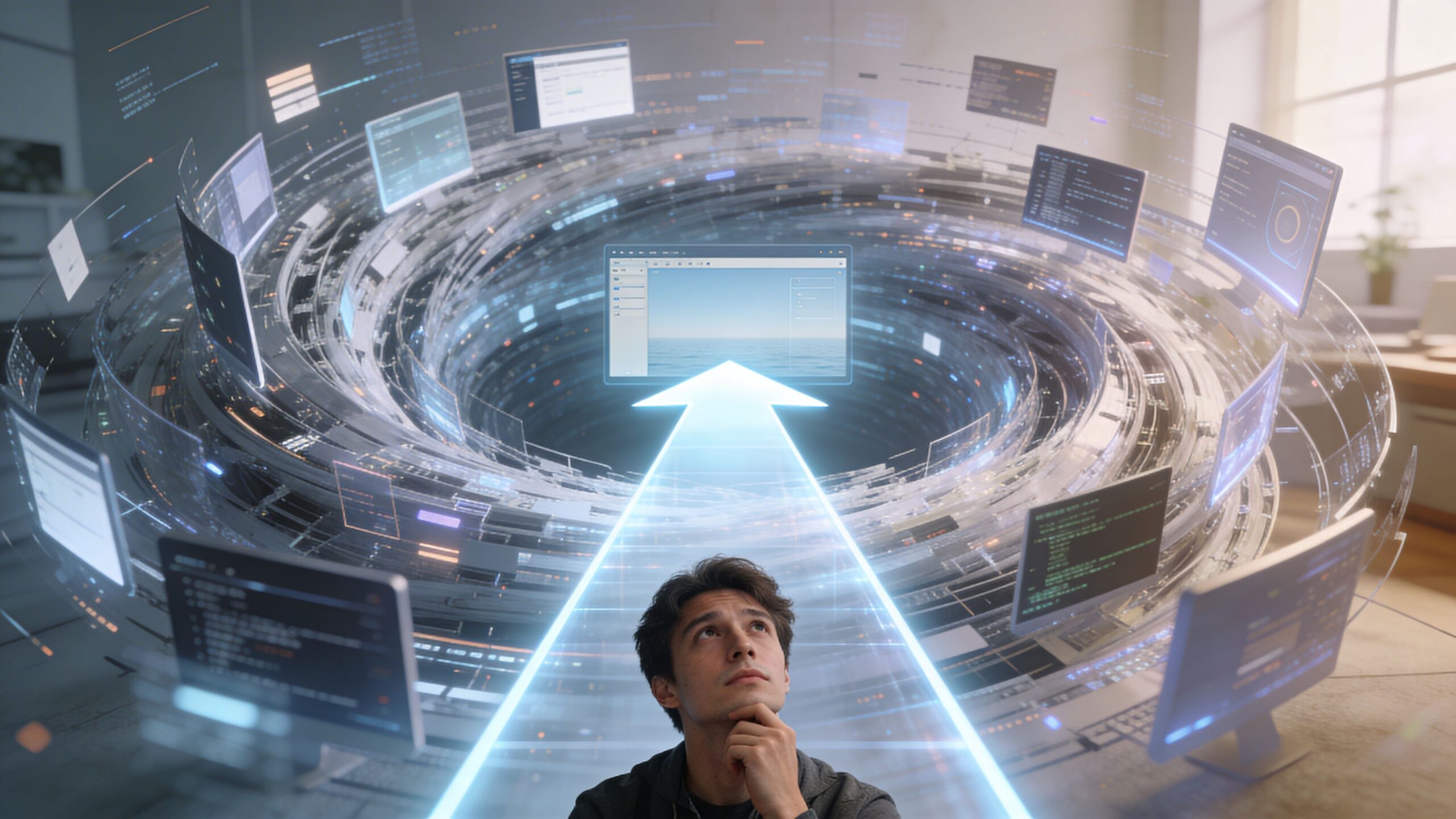 A young man looking up at a digital visualization of data streams and virtual screens swirling together.