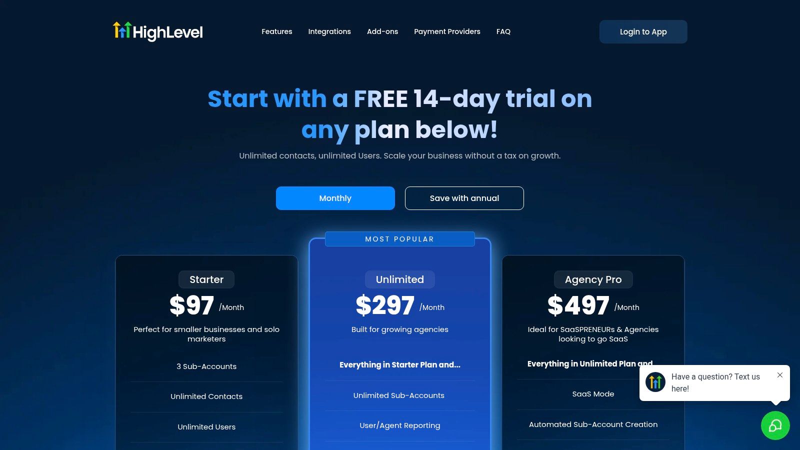Screenshot from https://www.gohighlevel.com/pricing