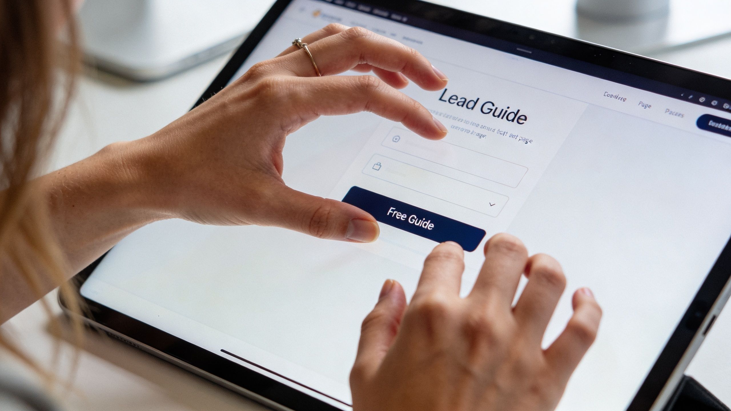 A person using a tablet to access a website to download a business lead guide online.