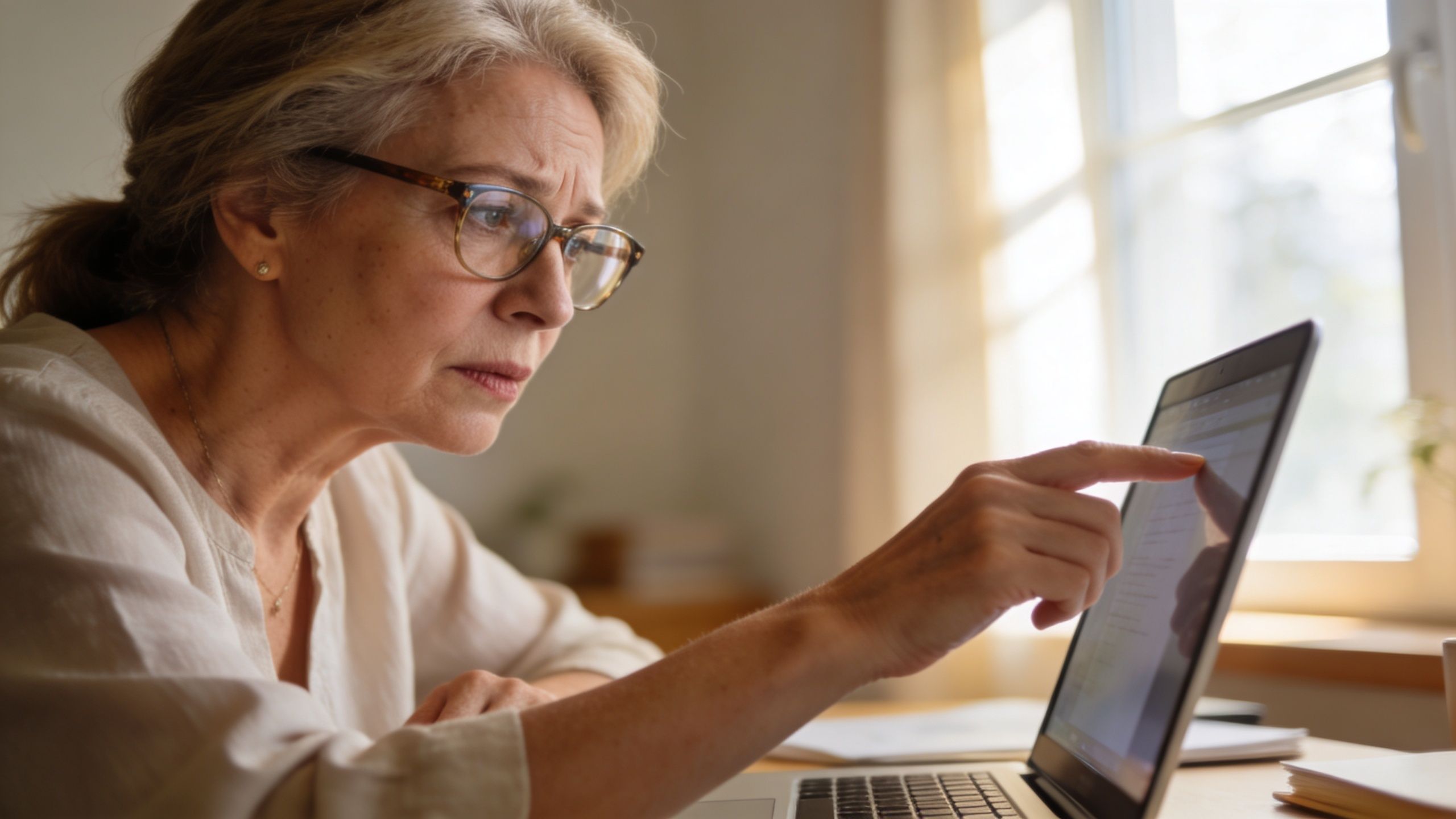 A focused mature woman with glasses points at a laptop screen while working in a bright room.
