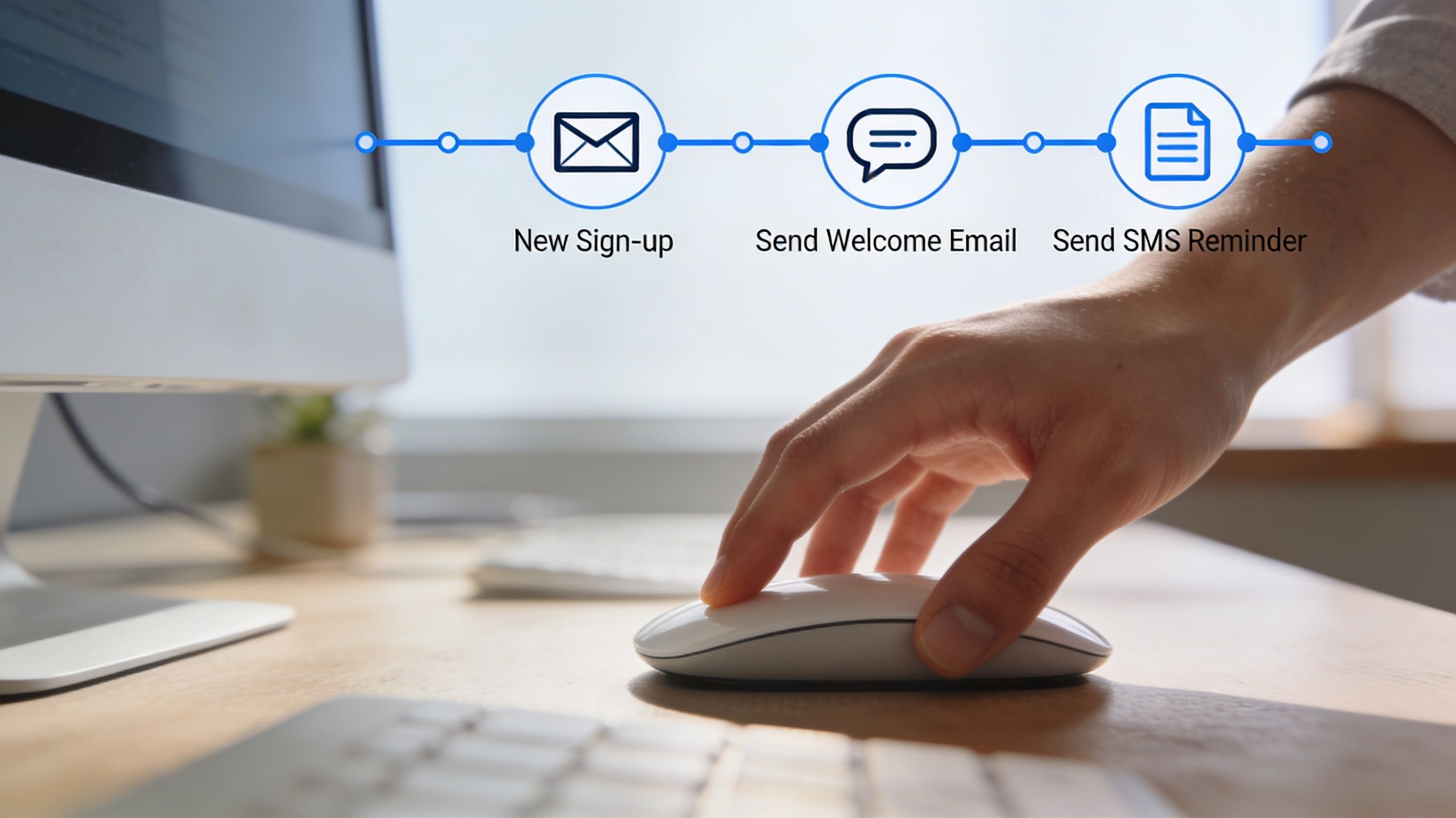 A hand using a computer mouse with a digital workflow automation diagram overlaid on the screen.
