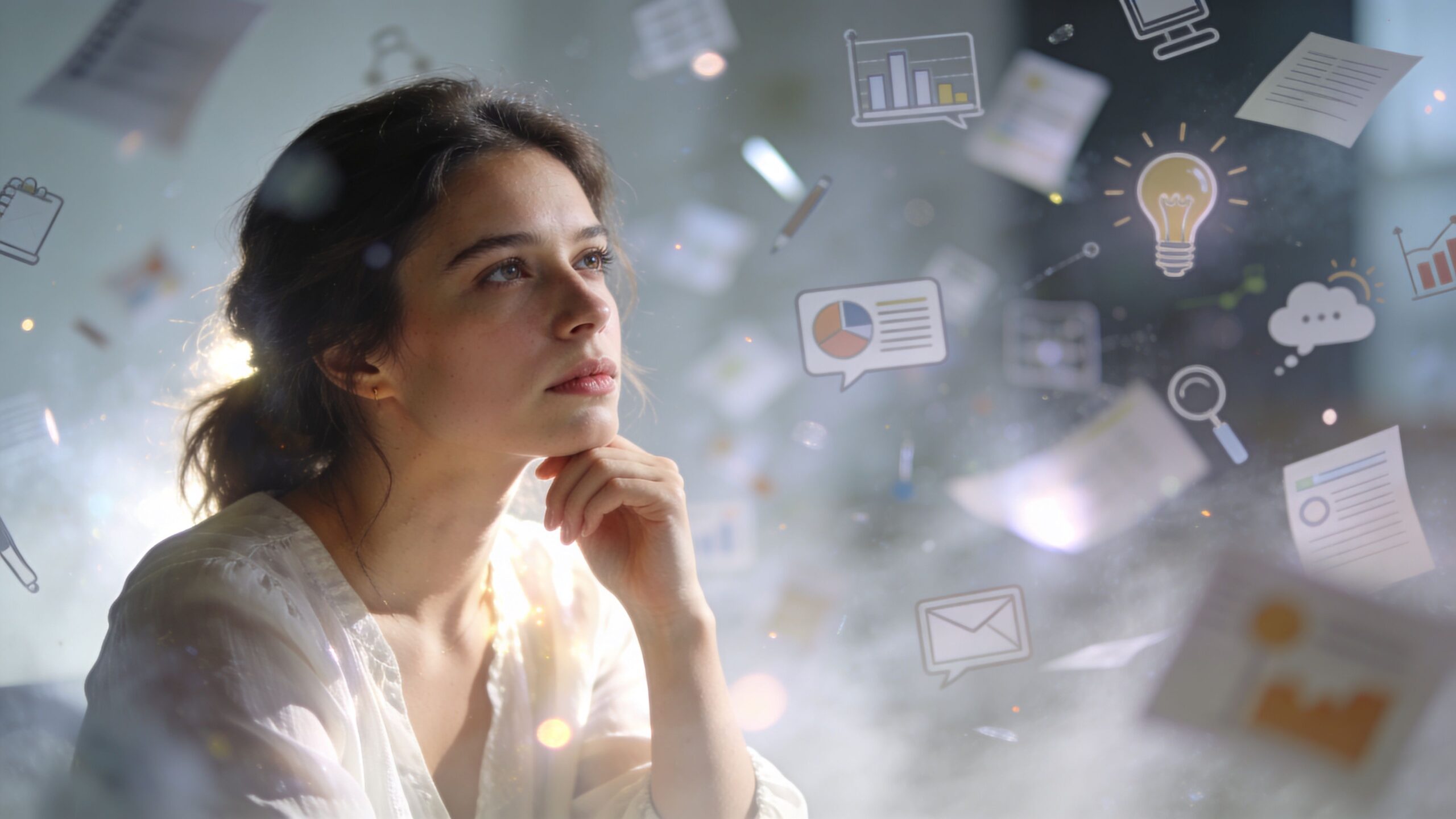 A thoughtful woman surrounded by floating holographic icons representing business data, analytics, and creative ideas.