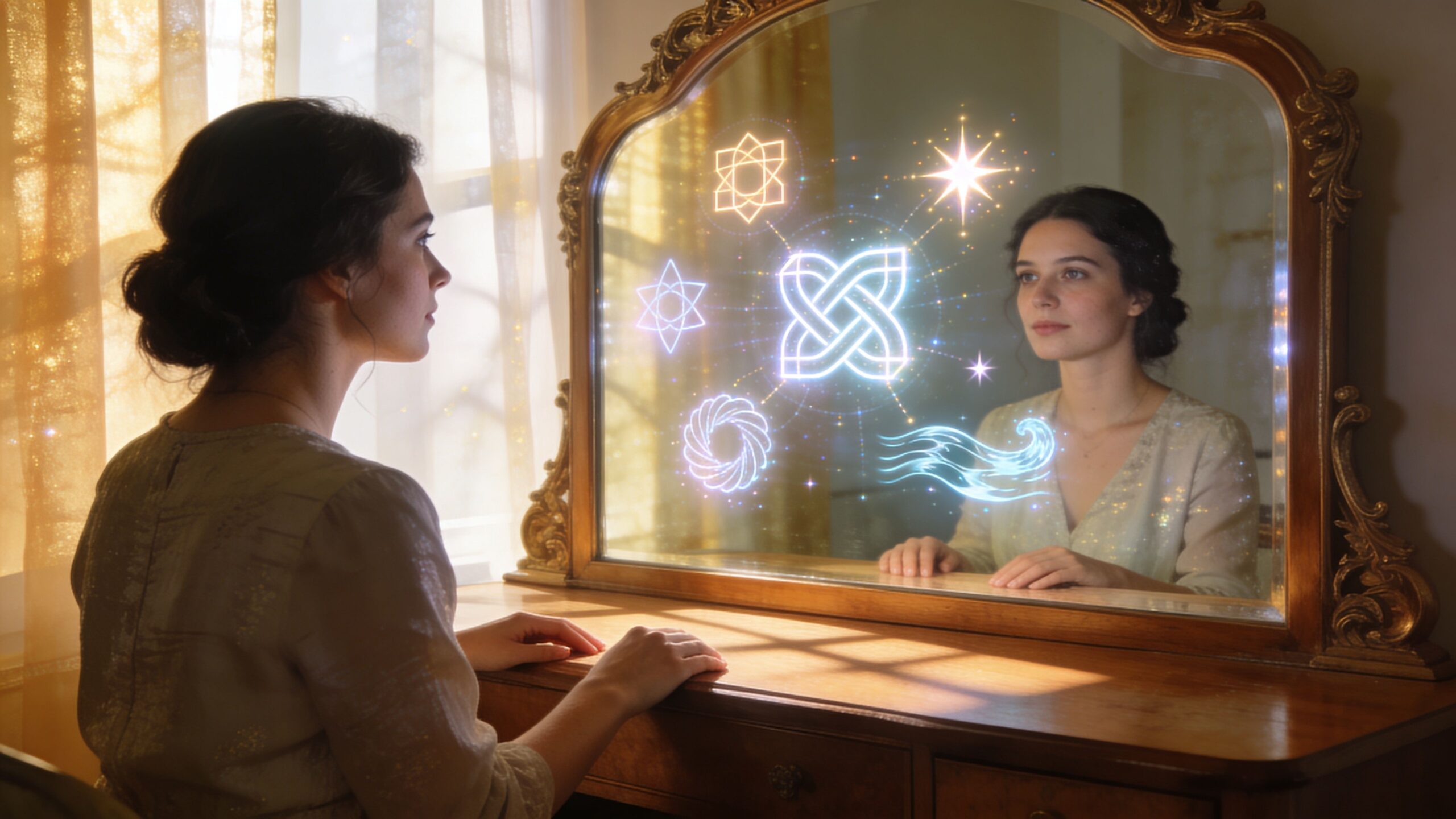 A young woman sits at a vanity, looking into a mirror displaying glowing, ethereal magical symbols and shapes.