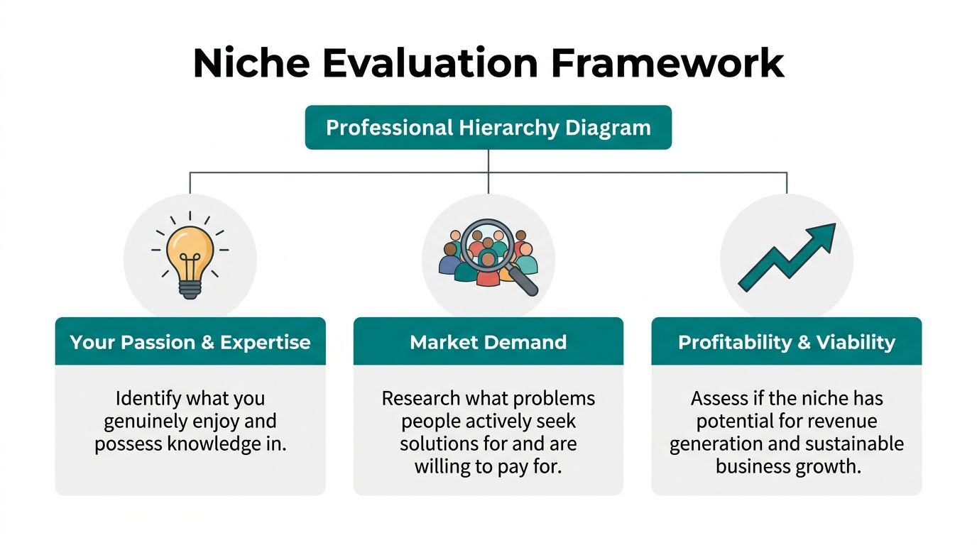 A diagram illustrating the Niche Evaluation Framework featuring passion, market demand, and business profitability.
