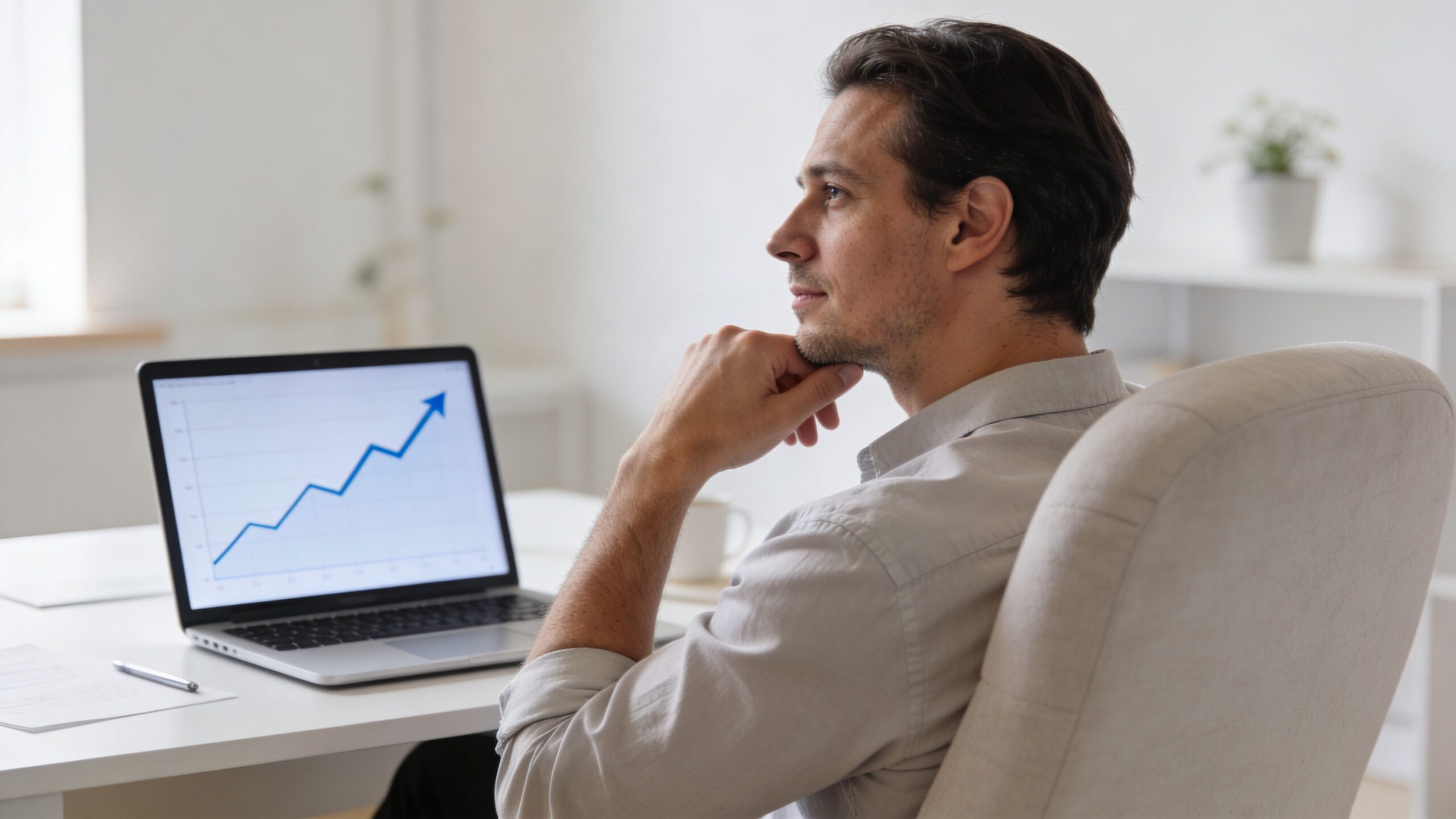 A thoughtful businessman sitting at a desk looking at a laptop displaying a rising stock market graph.