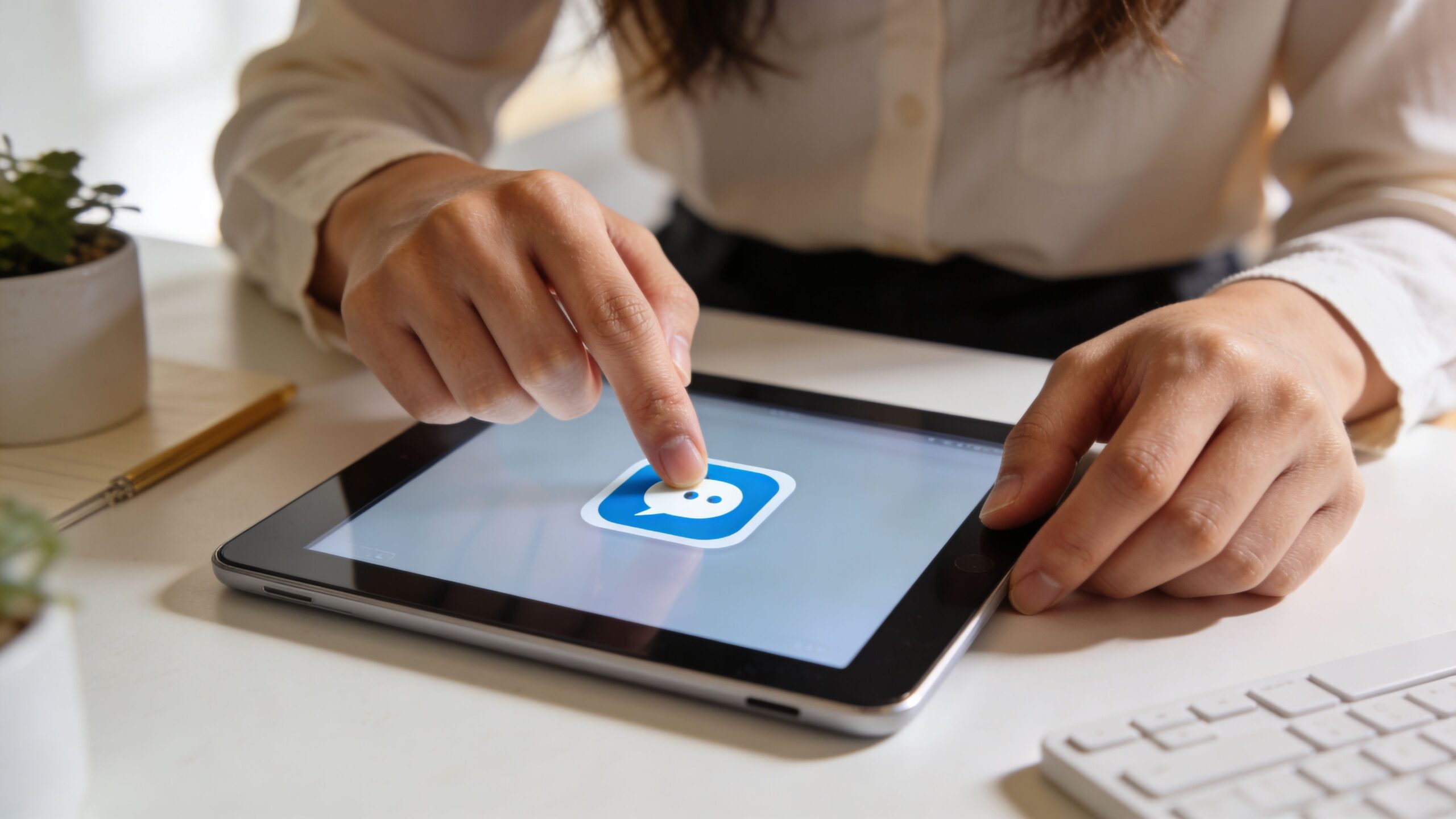A person using their finger to touch a messaging app icon on a digital tablet screen.