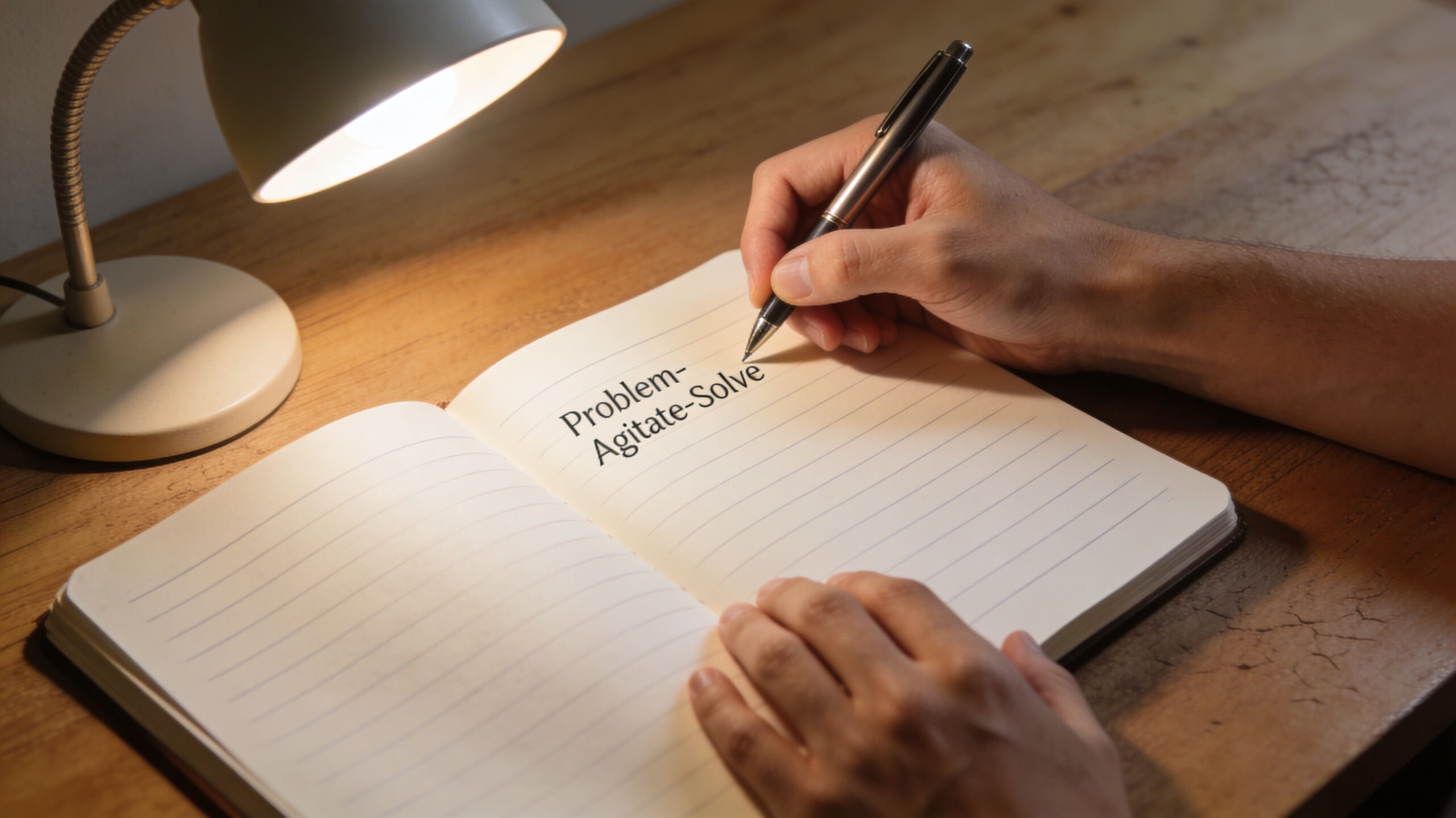 A person writing the PAS marketing framework in a notebook on a desk illuminated by a lamp.
