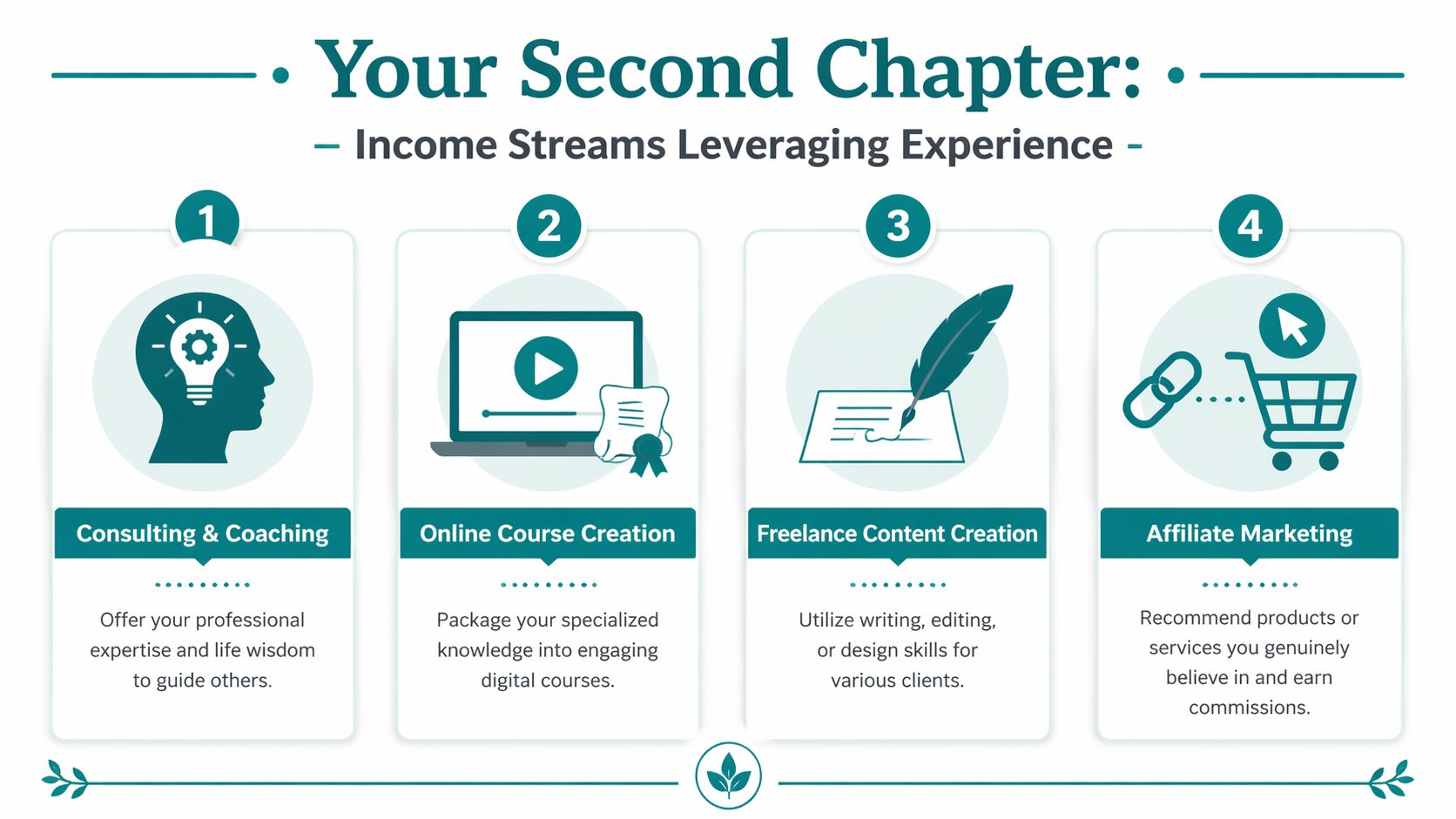 An infographic titled Your Second Chapter outlining four income streams for leveraging professional experience in <a rel=