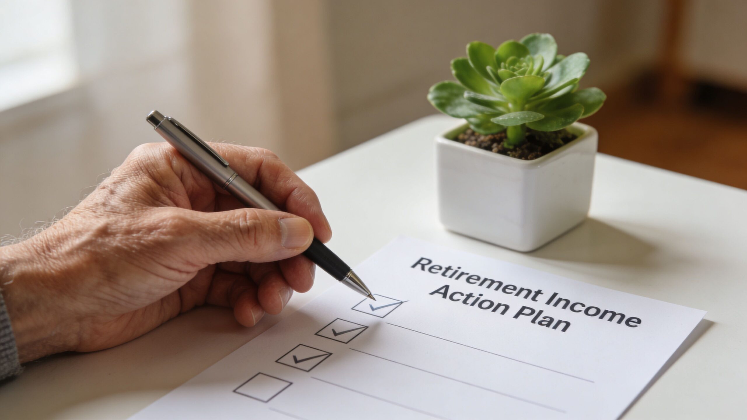 A person holding a pen, marking check boxes on a <a rel=