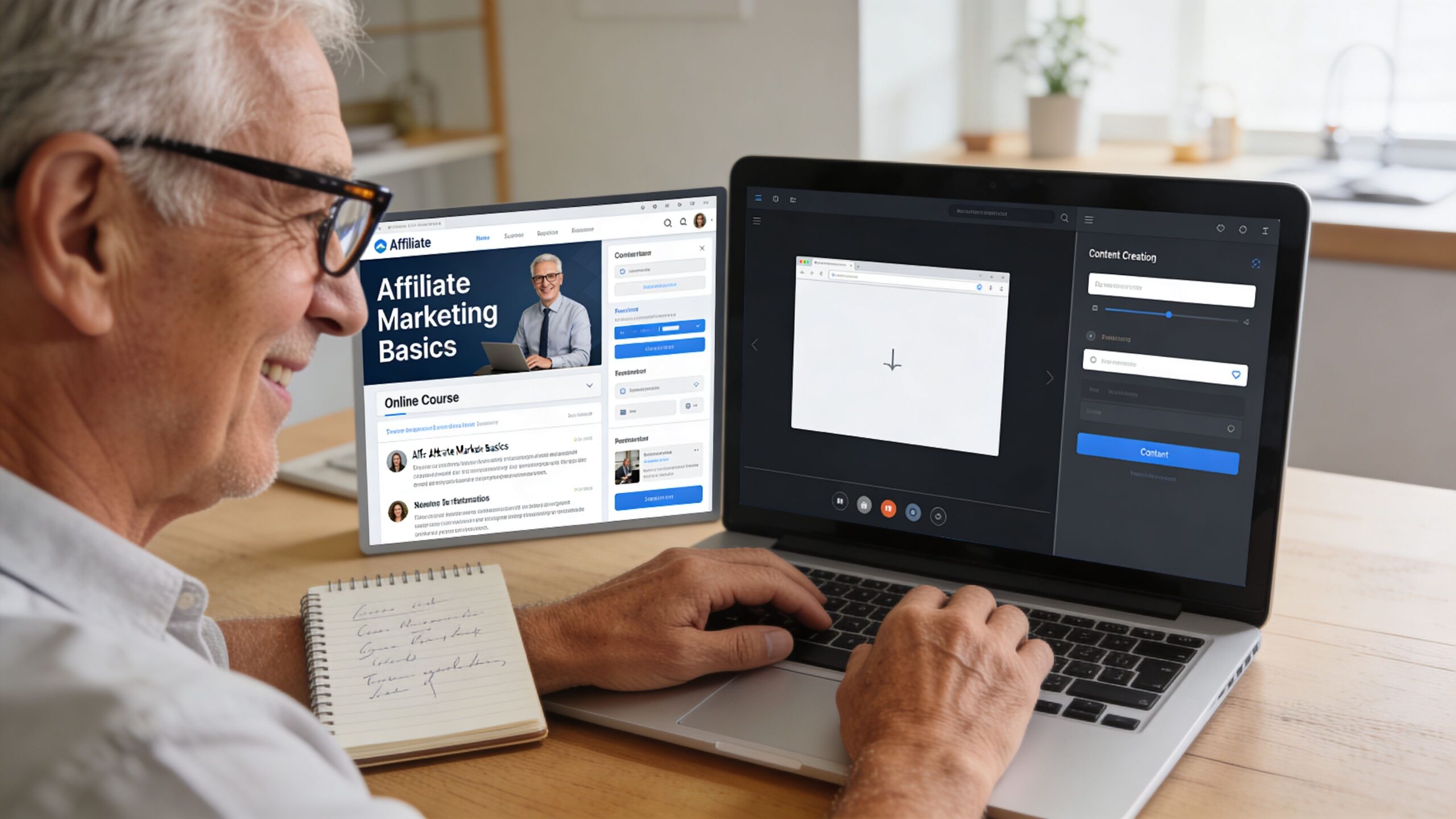 A smiling senior man using a laptop and a secondary screen to learn about <a rel=