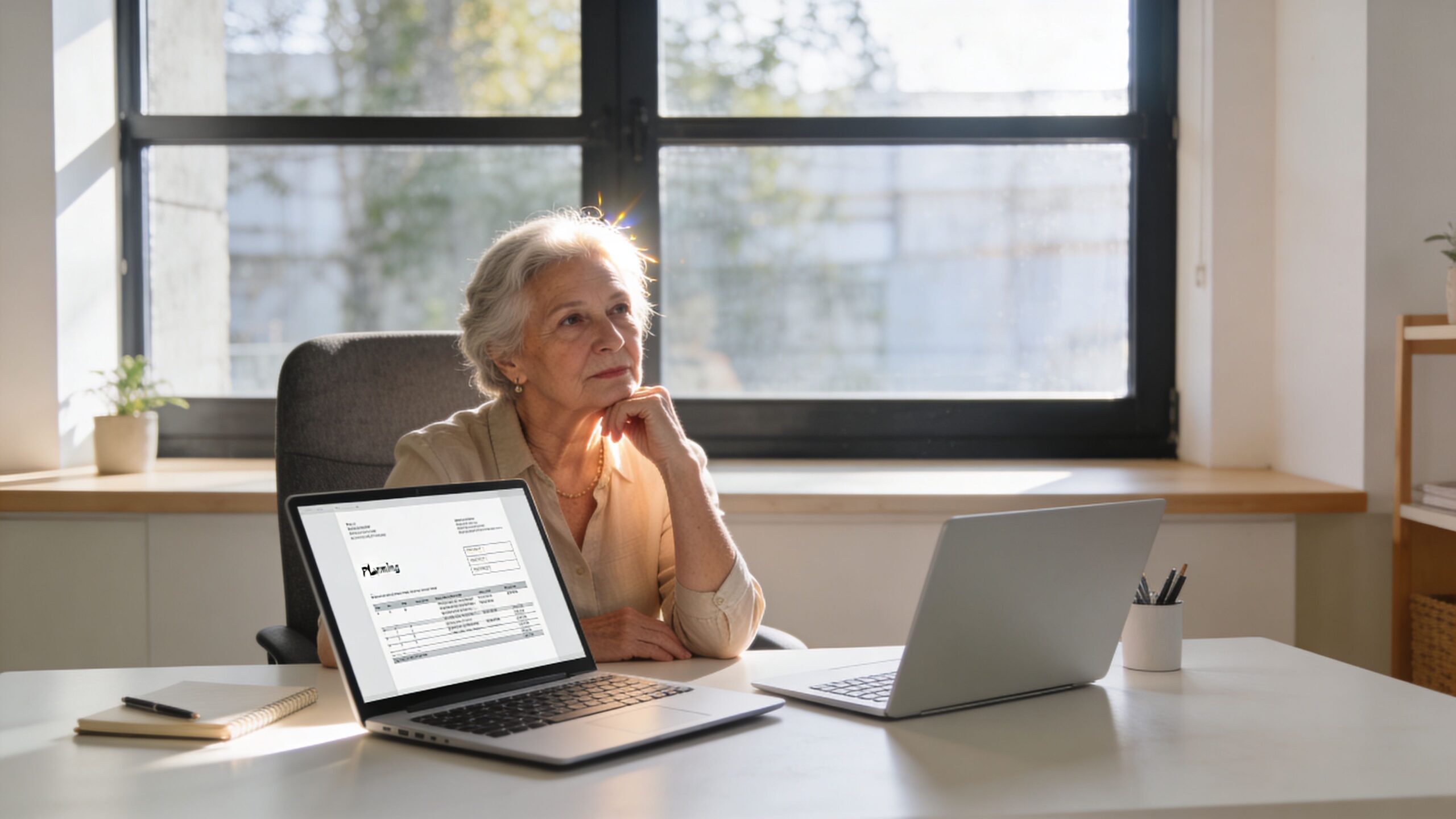 An older woman sitting at her desk, looking thoughtfully while working on a laptop computer.