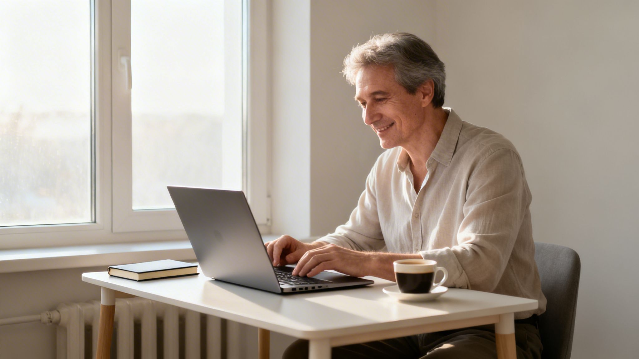 A smiling senior man with grey hair working on a laptop at a bright desk with coffee.