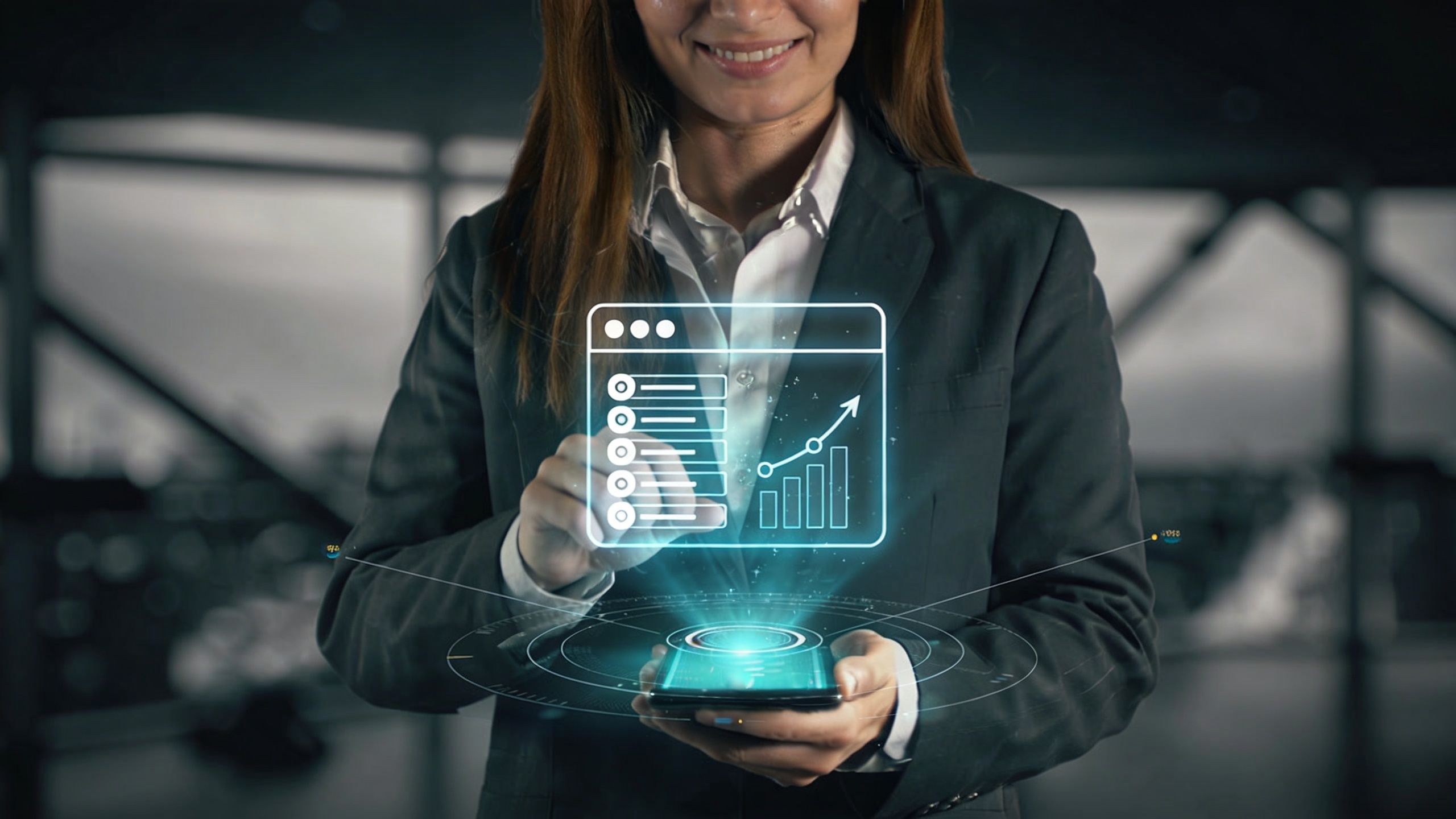 A professional woman interacting with a digital holographic data dashboard floating above her smartphone screen.