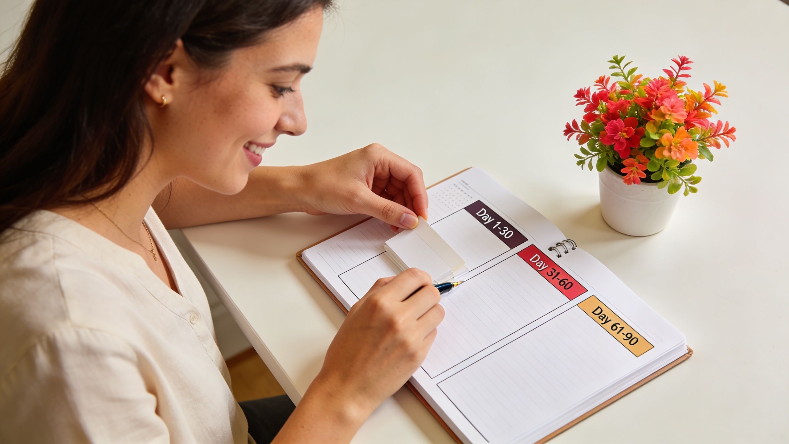 A smiling woman planning her schedule in a notebook at a white desk with a potted plant.