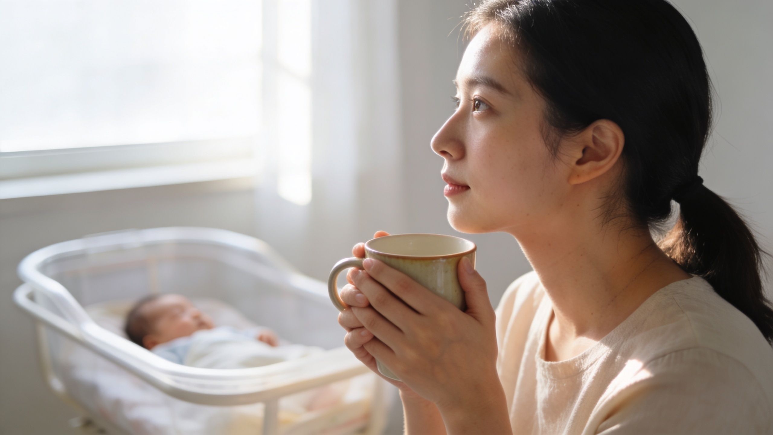 A peaceful mother holding a coffee mug while her newborn baby sleeps soundly in a nearby crib.