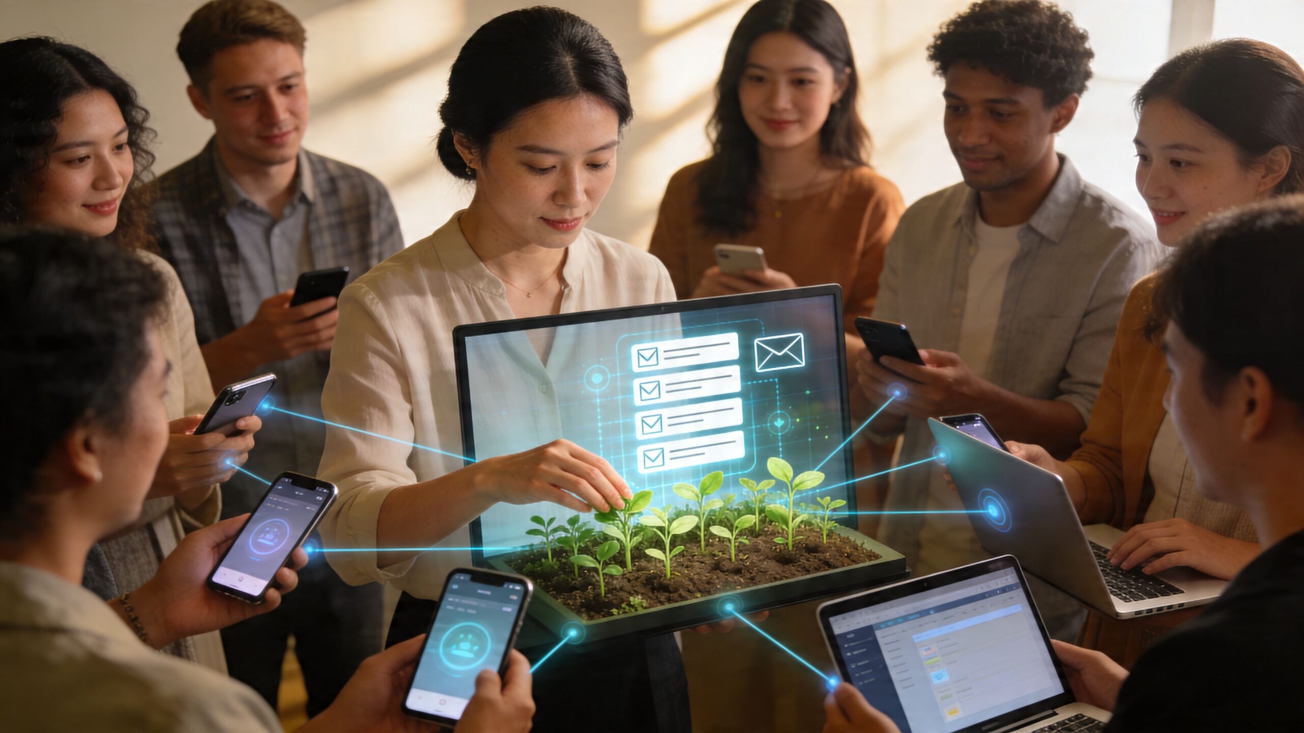 A diverse team of professionals collaboratively managing an agricultural project using digital devices and holographic data displays.