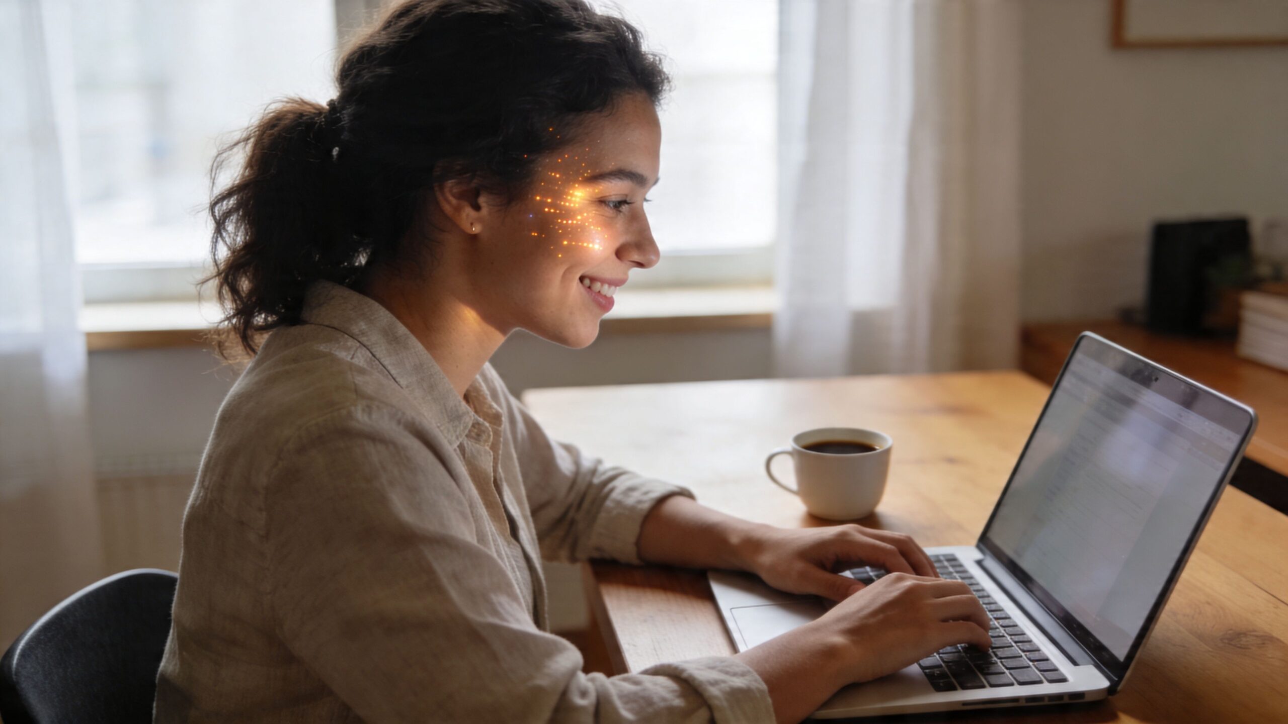 A woman working on a laptop with a digital facial recognition scan on her cheek