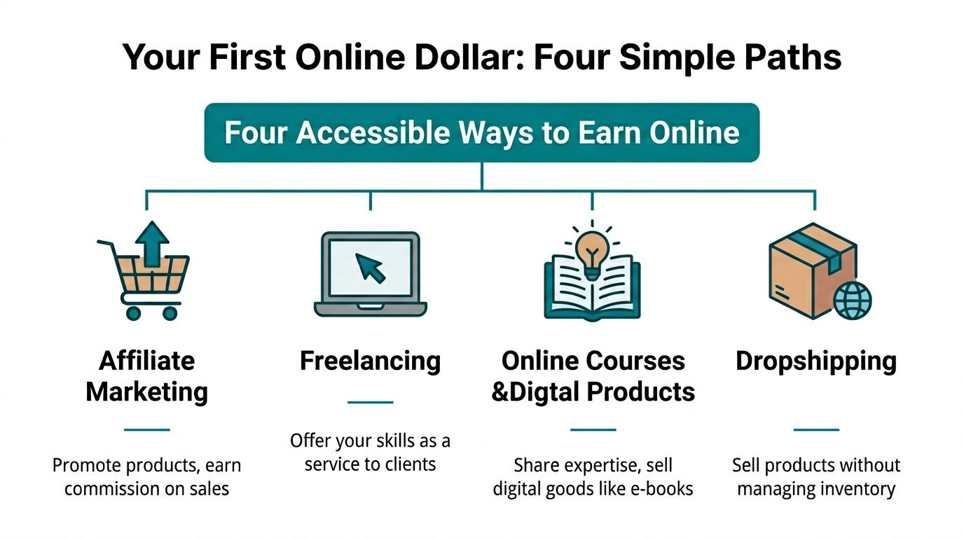 A simple diagram displaying four accessible ways to earn money online: <a rel=