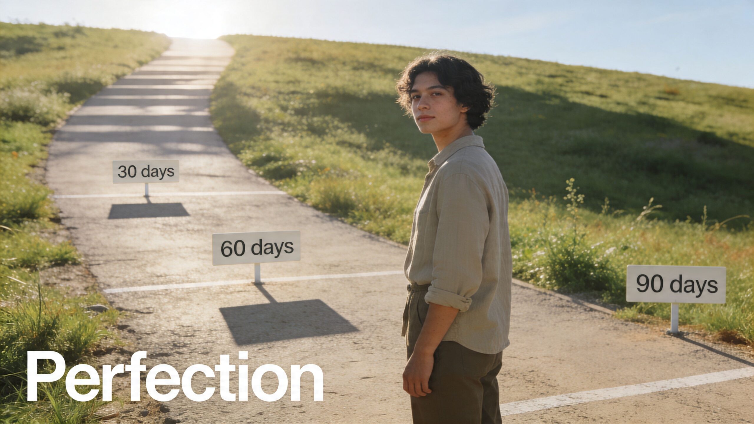 A young man stands on a pathway with signs marking 30, 60, and 90 days of progress.