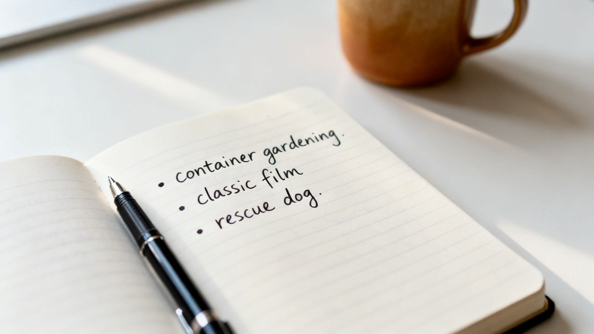 An open notebook on a white desk with a handwritten bulleted list: container gardening, classic film, rescue dog, with a pen.